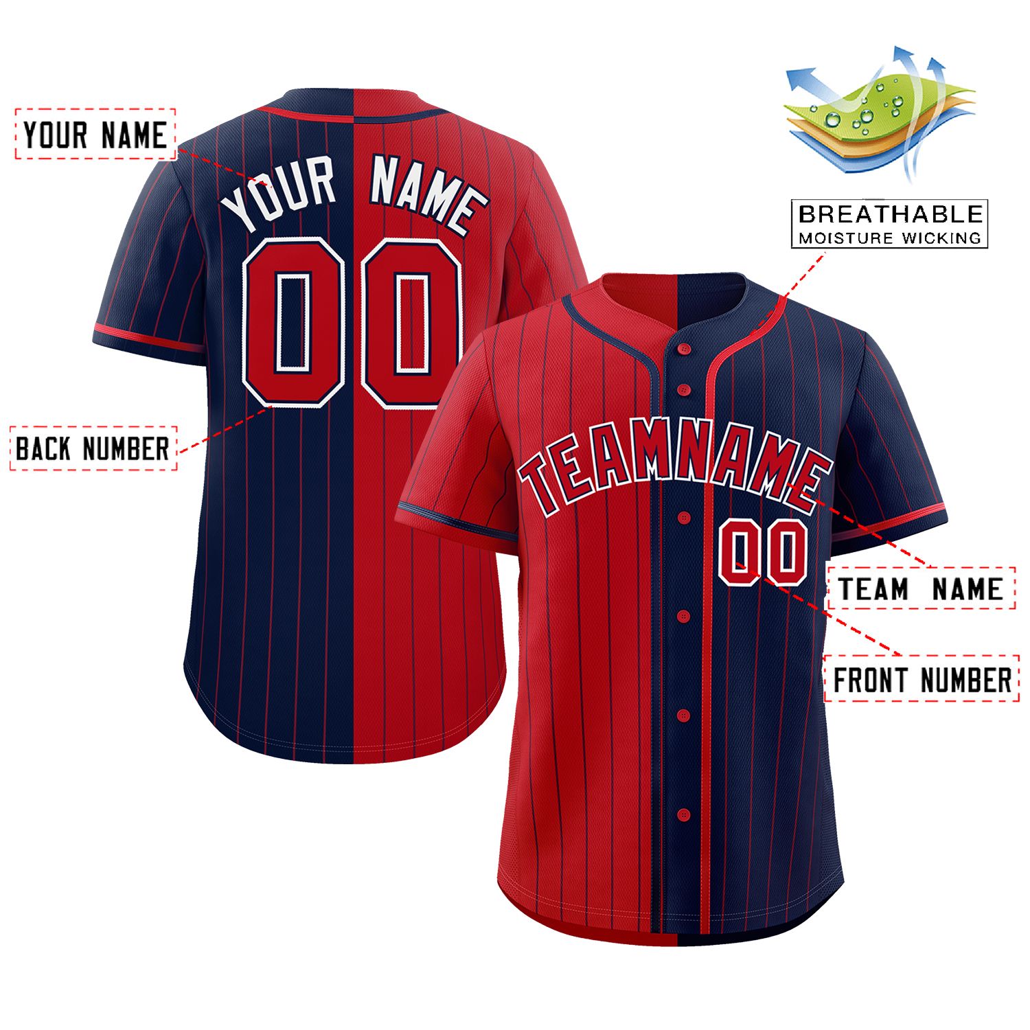 Custom Red Navy Two Tone Striped Fashion Authentic Baseball Jersey