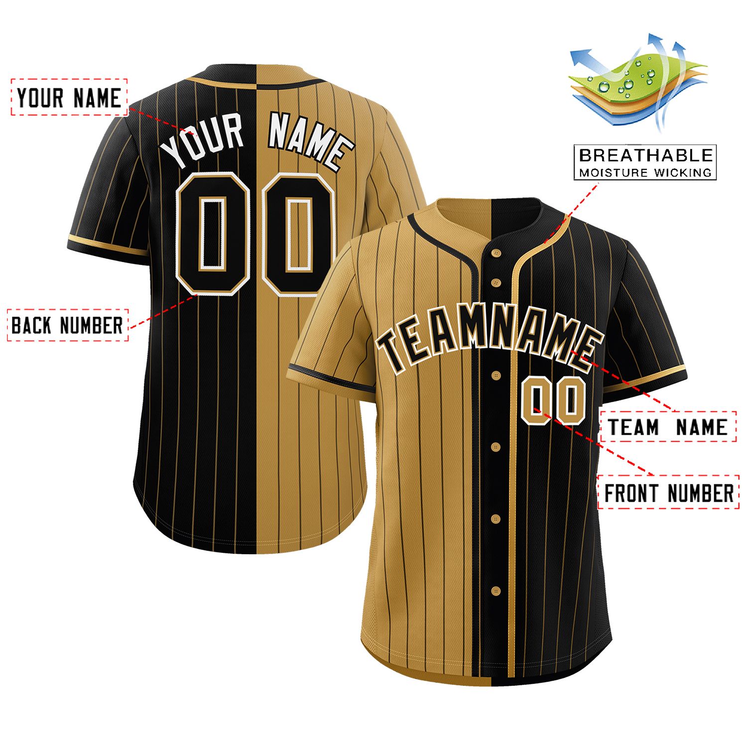 Custom Old Gold Black Two Tone Striped Fashion Authentic Baseball Jersey