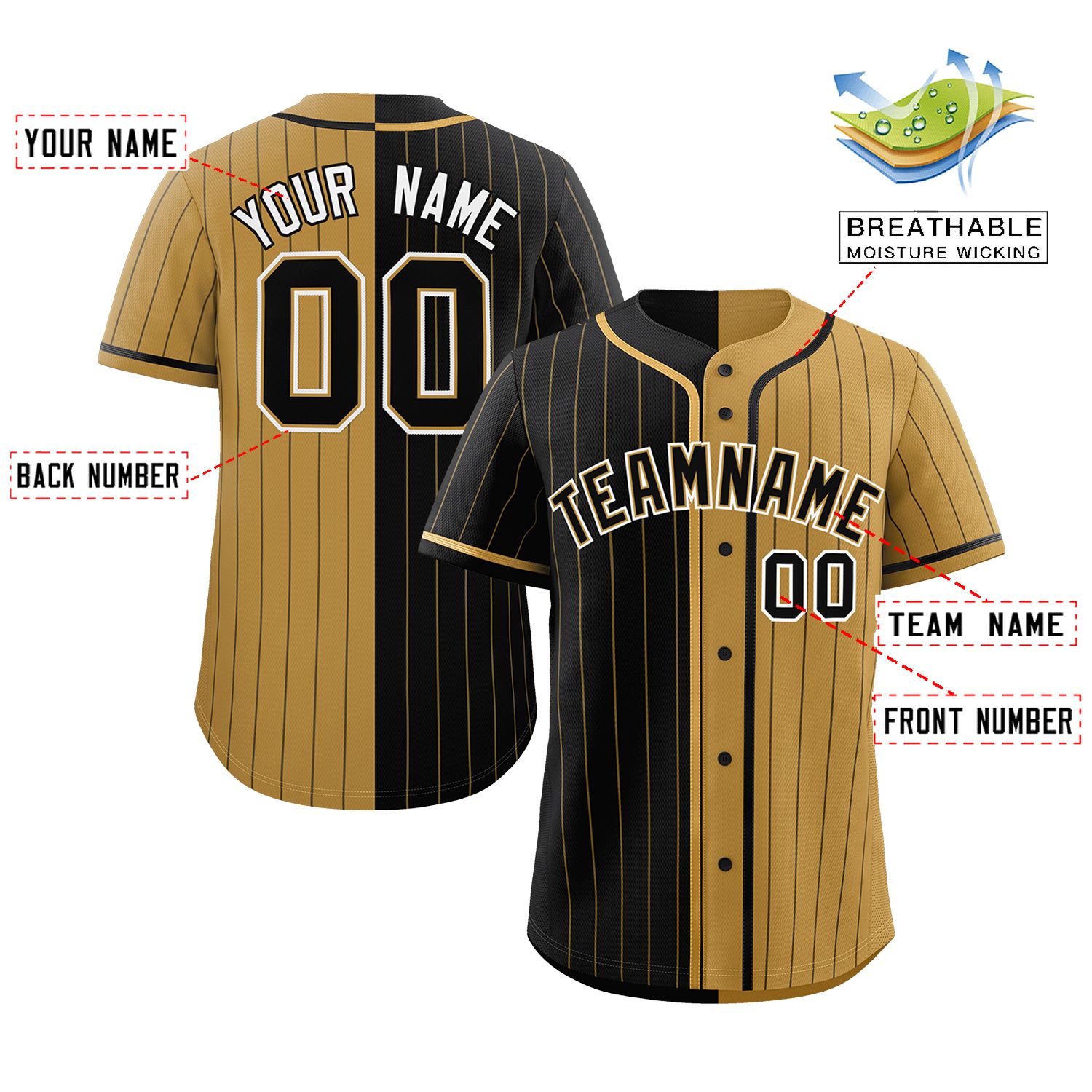 Custom Black Old Gold Two Tone Striped Fashion Authentic Baseball Jersey