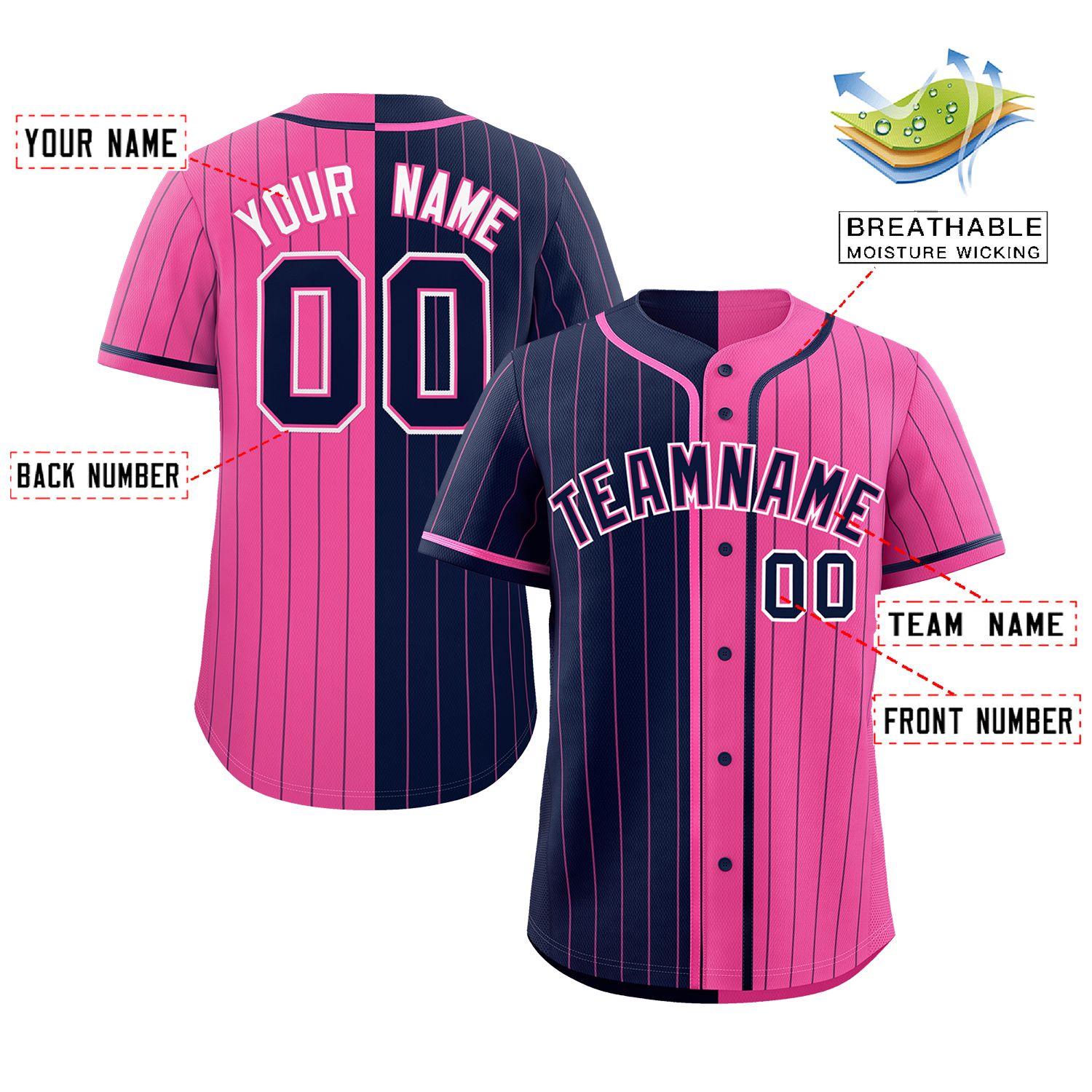 Custom Navy Pink Two Tone Striped Fashion Authentic Baseball Jersey