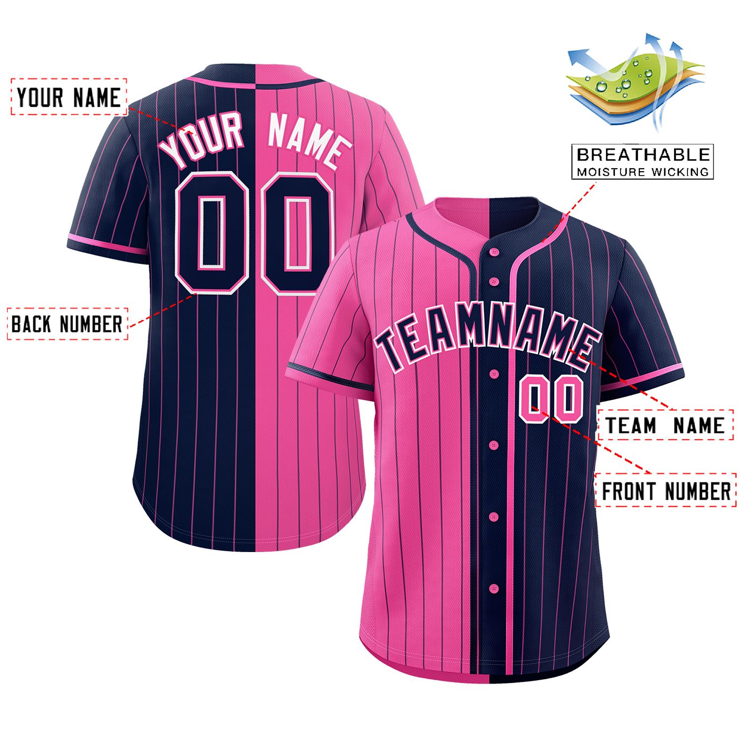 Custom Pink Navy Two Tone Striped Fashion Authentic Baseball Jersey