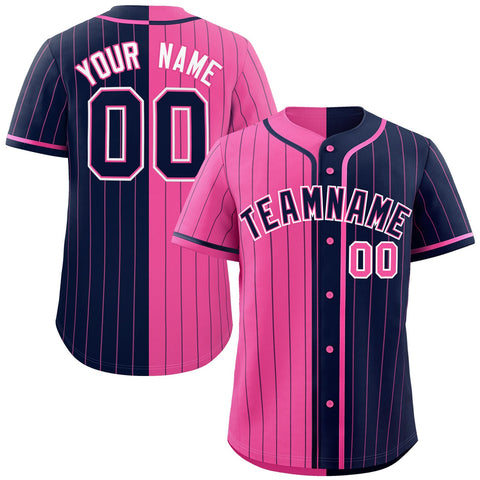 Custom Pink Navy Two Tone Striped Fashion Authentic Baseball Jersey