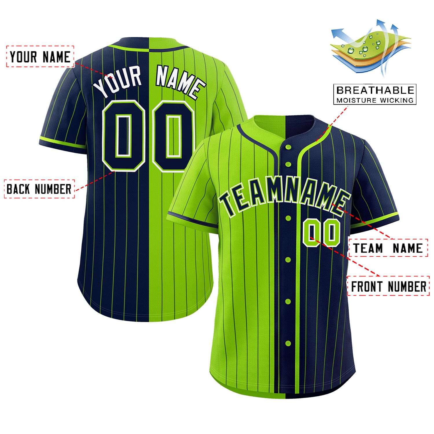 Custom Neon Green Navy Two Tone Striped Fashion Authentic Baseball Jersey