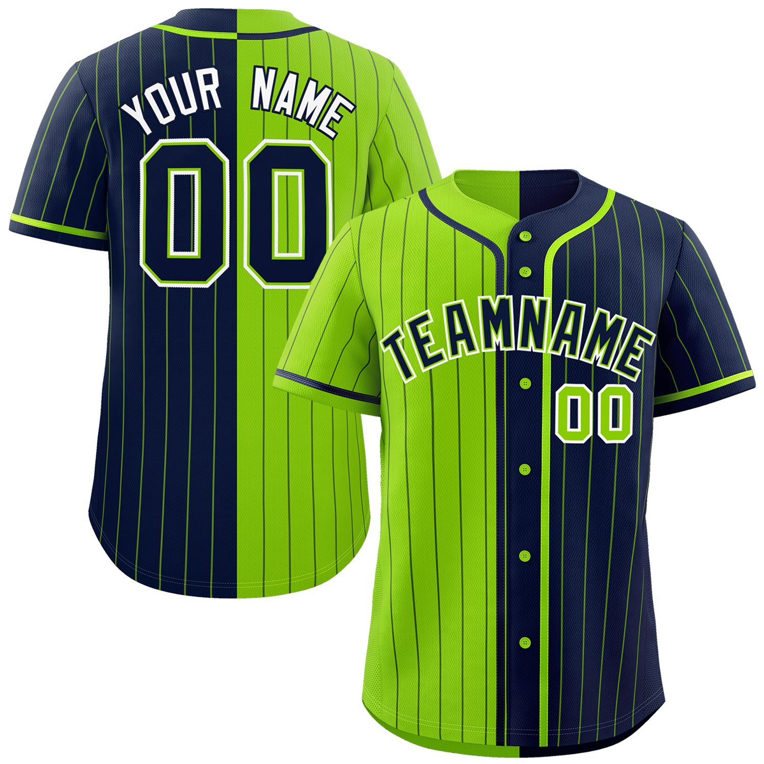 Custom Neon Green Navy Two Tone Striped Fashion Authentic Baseball Jersey