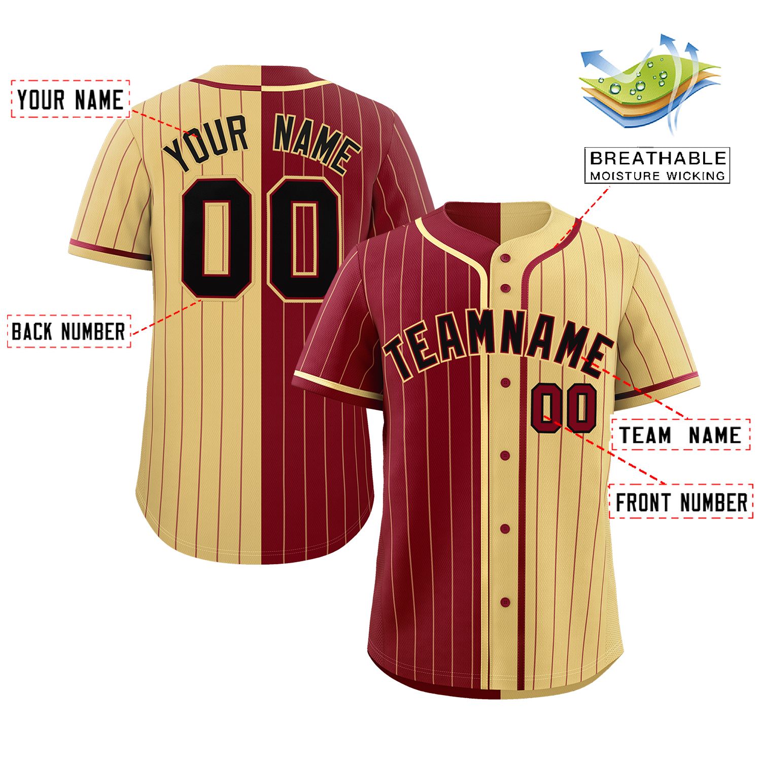 Custom Crimson Khaki Two Tone Striped Fashion Authentic Baseball Jersey