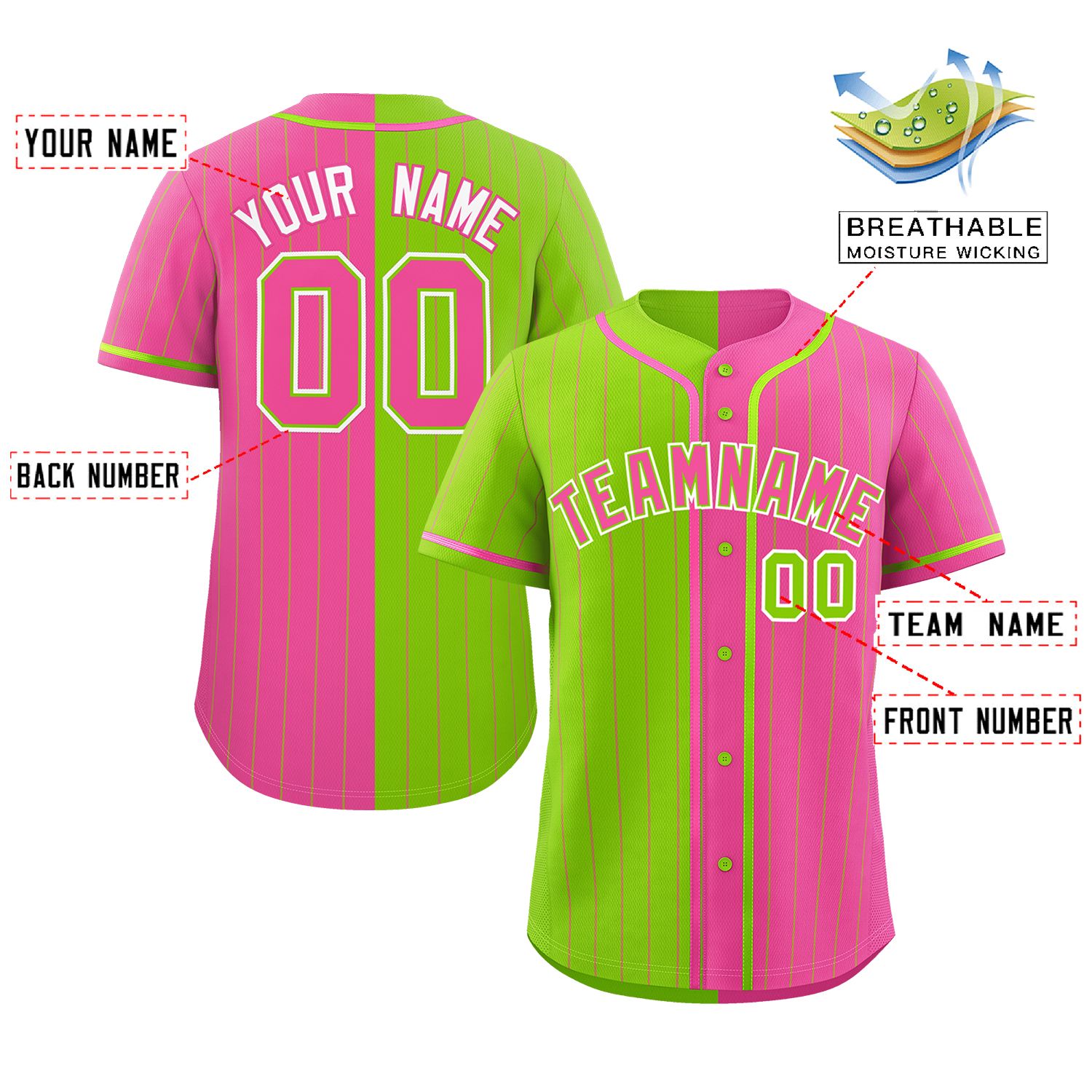 Custom Neon Green Pink Two Tone Striped Fashion Authentic Baseball Jersey