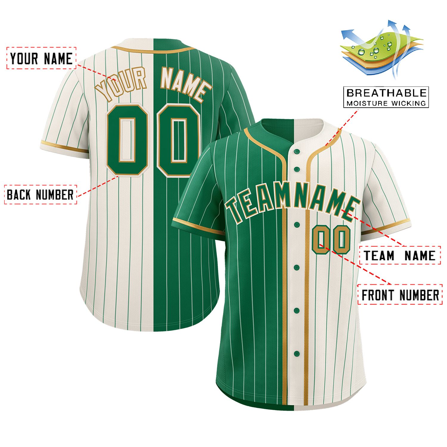 Custom Kelly Green Cream Two Tone Striped Fashion Authentic Baseball Jersey