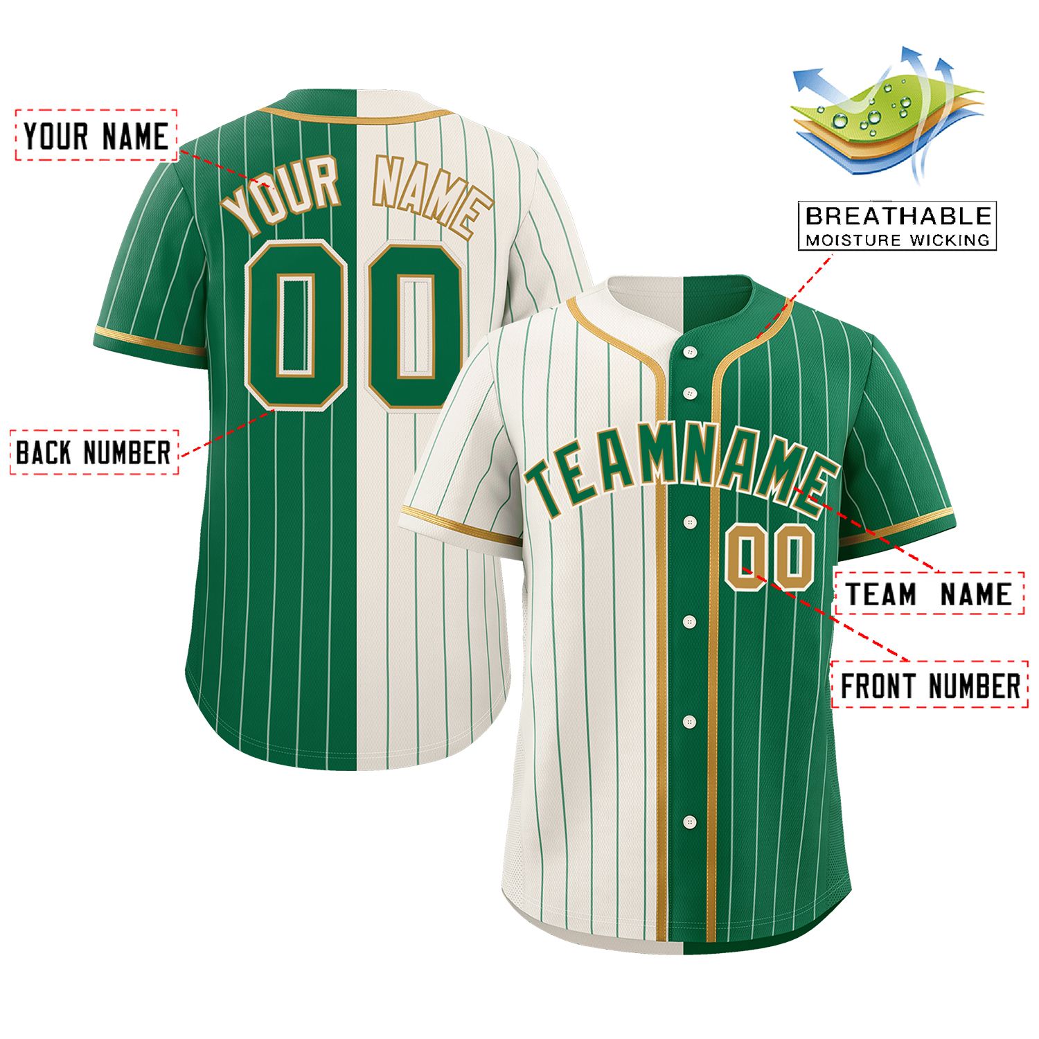 Custom Cream Kelly Green Two Tone Striped Fashion Authentic Baseball Jersey