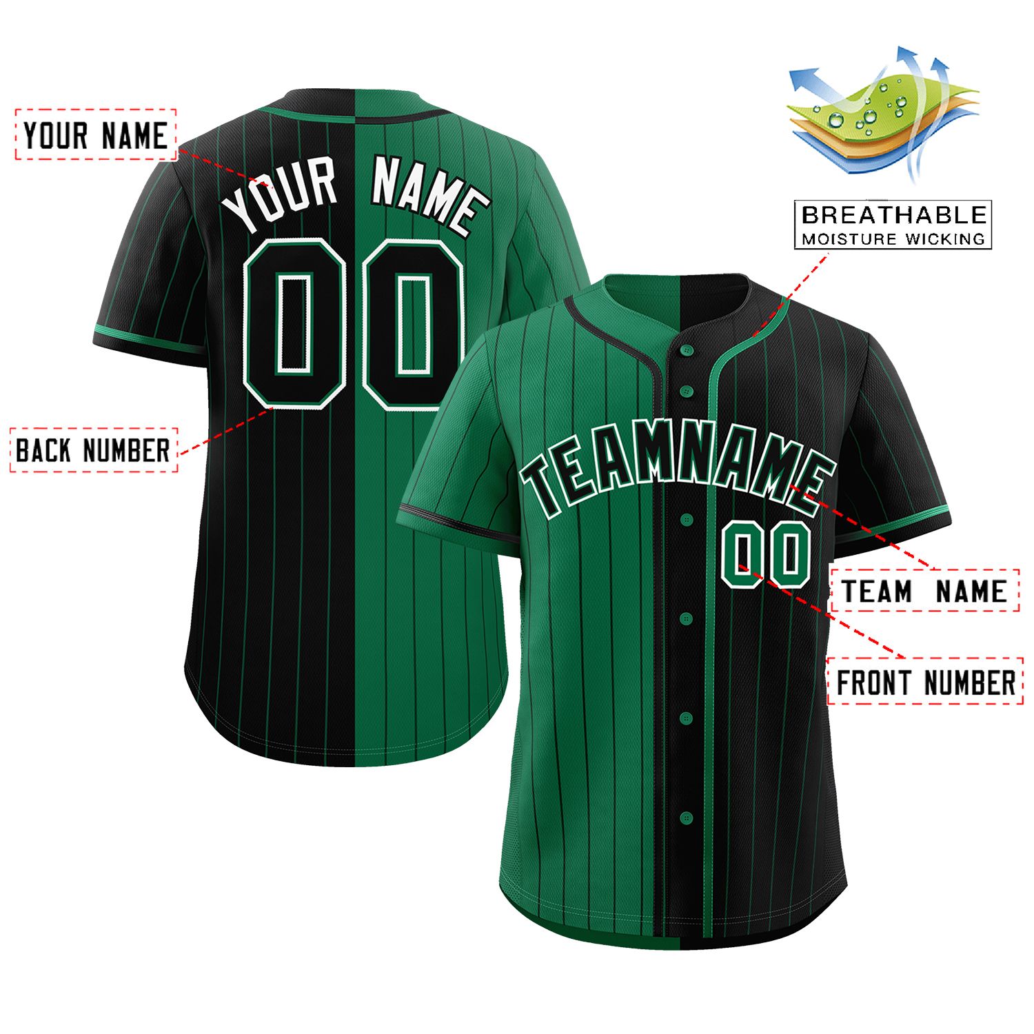 Custom Kelly Green Black Two Tone Striped Fashion Authentic Baseball Jersey