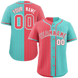 Custom Aqua Light Red Two Tone Striped Fashion Authentic Baseball Jersey