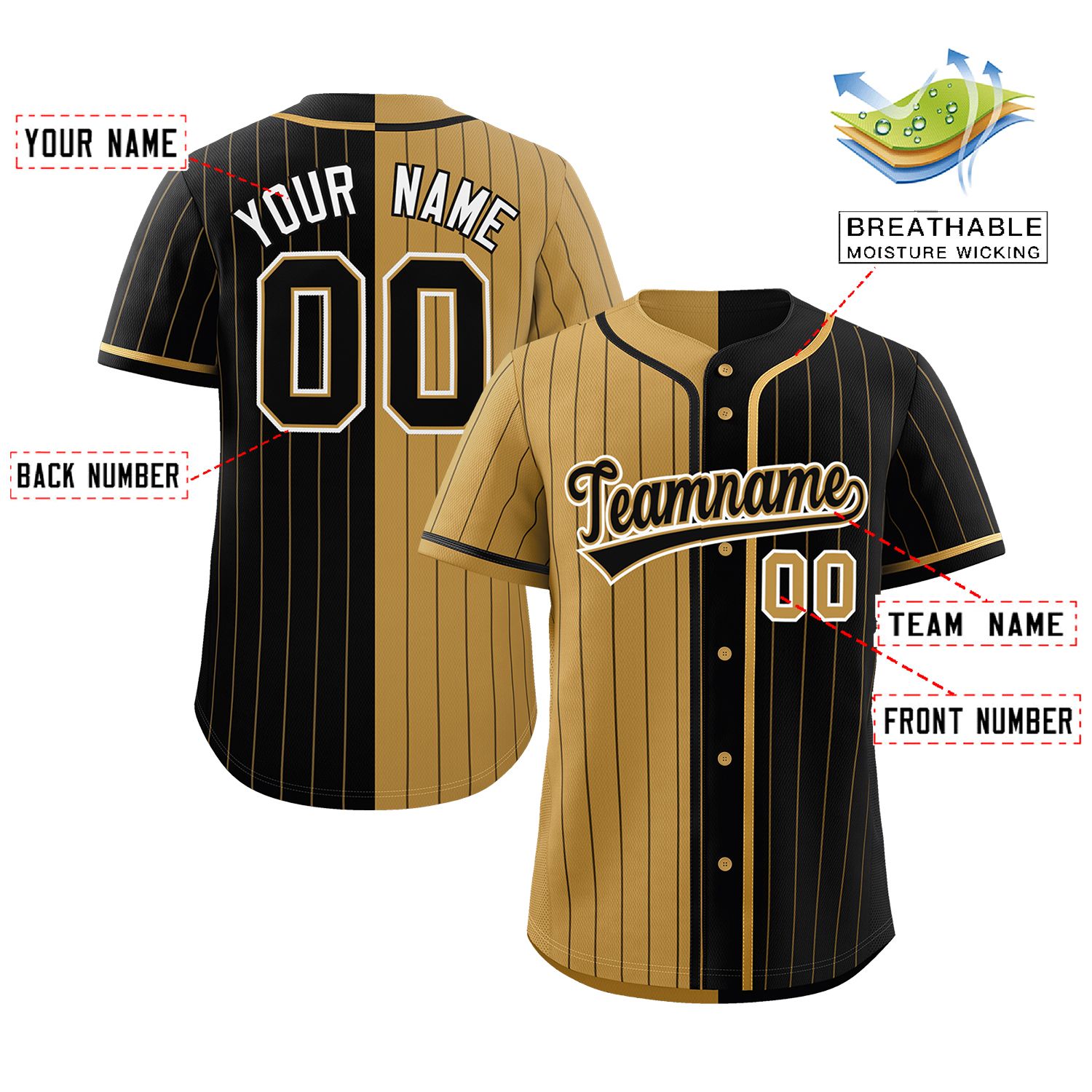Custom Old Gold Black Two Tone Striped Fashion Authentic Baseball Jersey