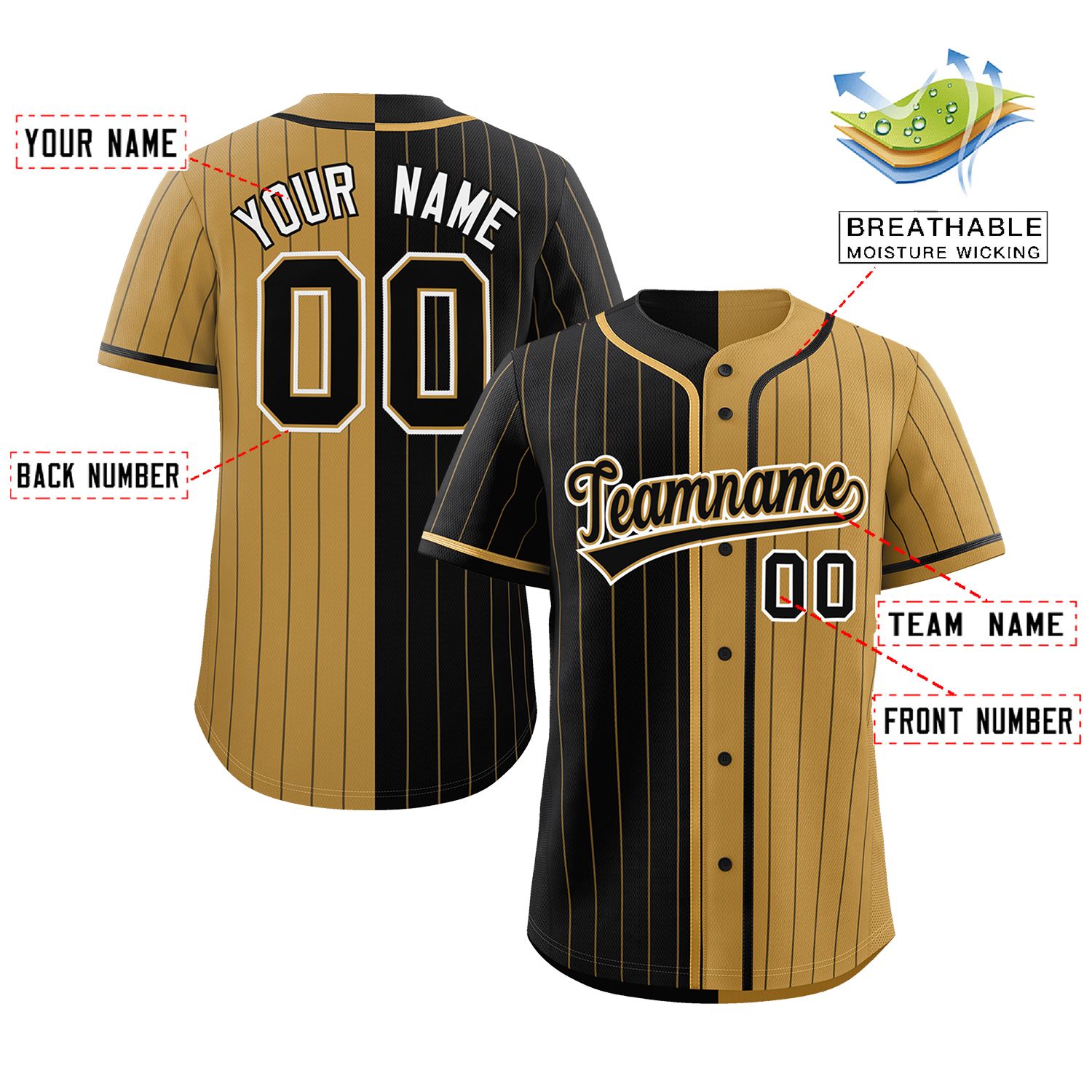 Custom Black Old Gold Two Tone Striped Fashion Authentic Baseball Jersey