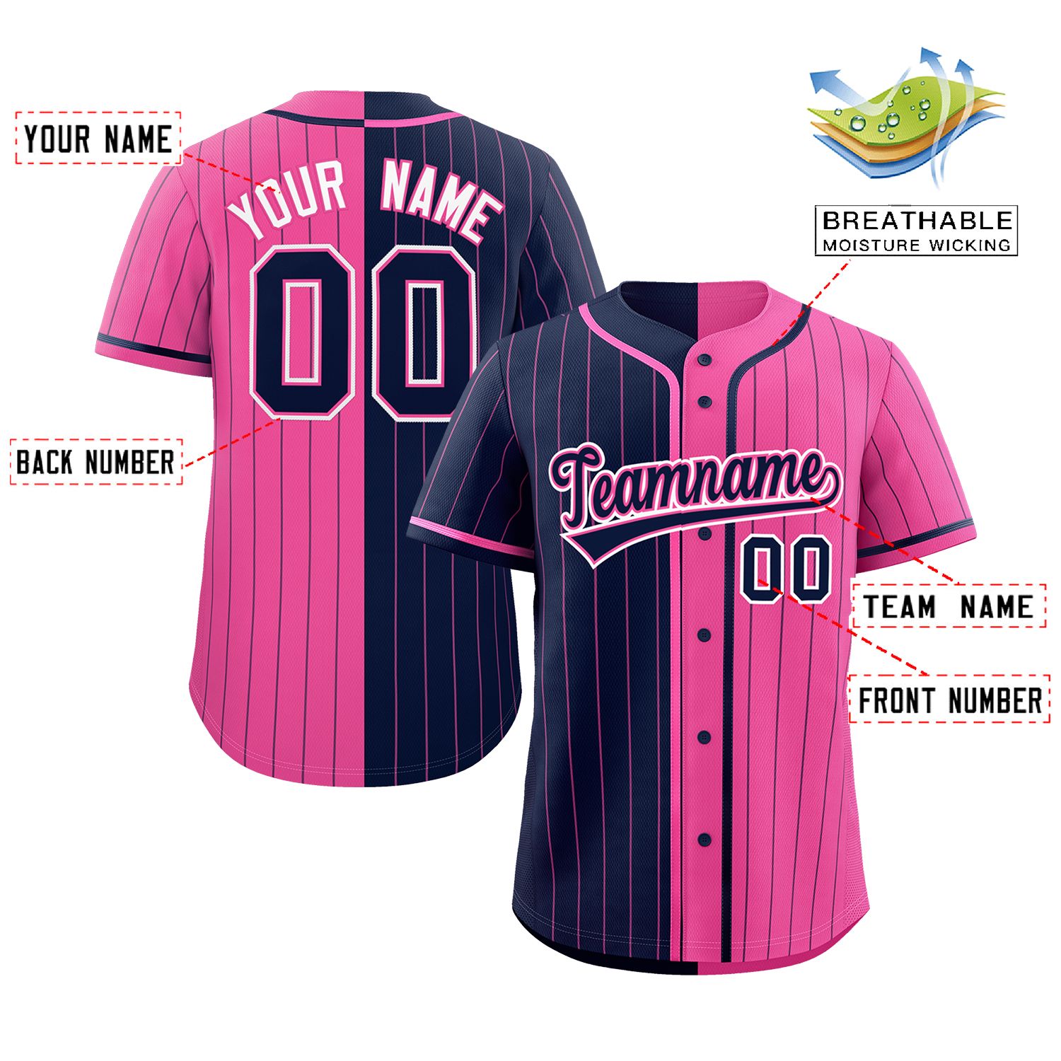 Custom Navy Pink Two Tone Striped Fashion Authentic Baseball Jersey