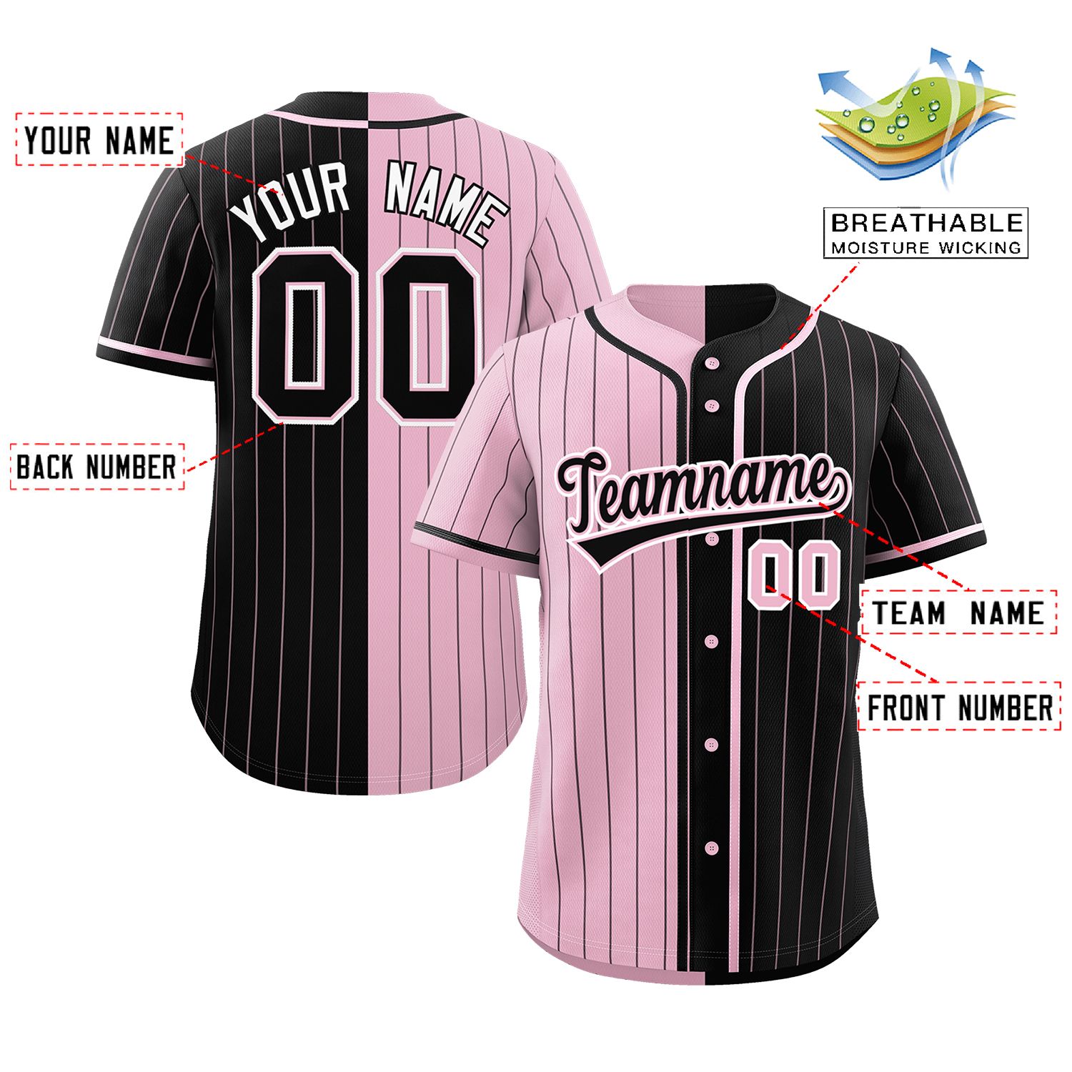 Custom Light Pink Black Two Tone Striped Fashion Authentic Baseball Jersey