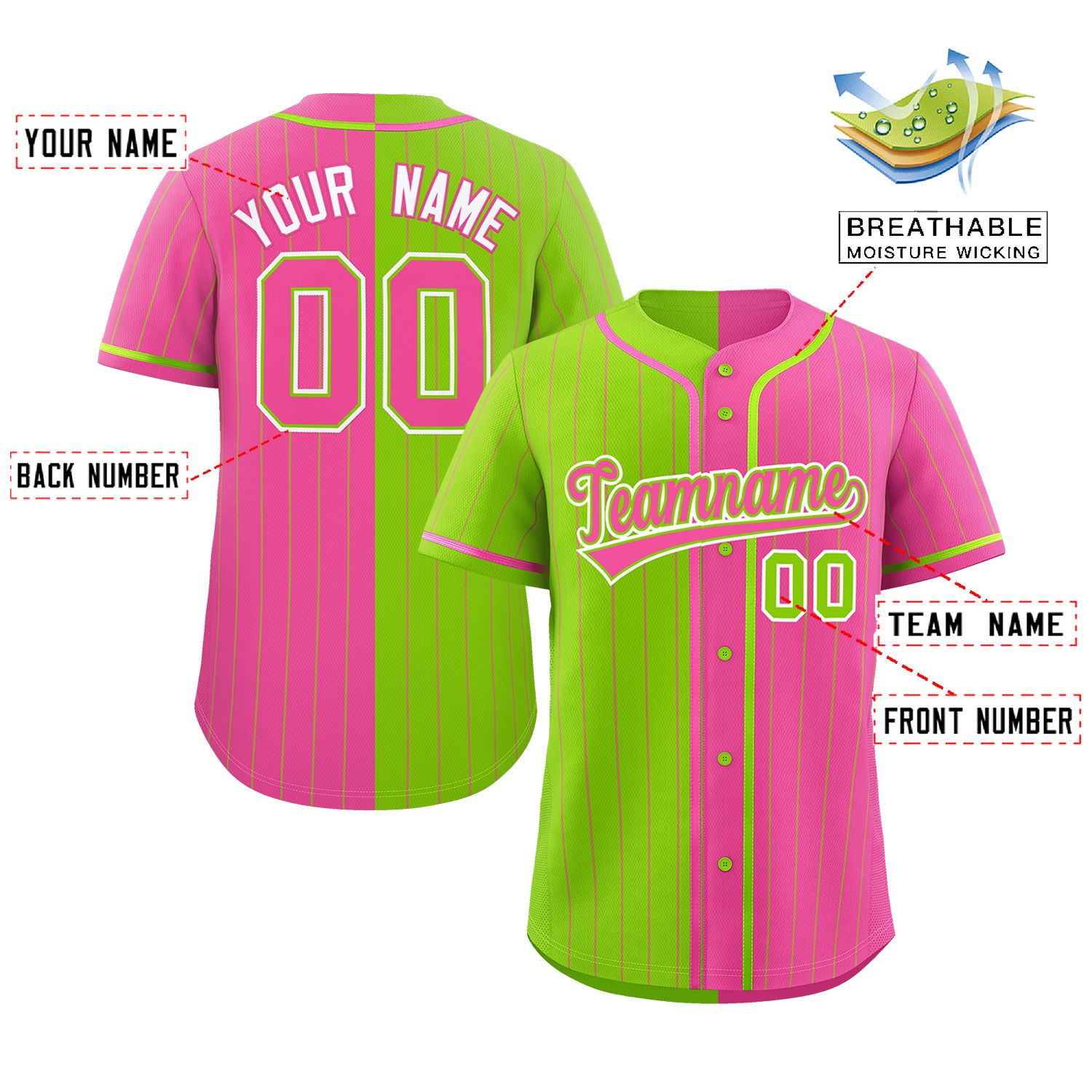 Custom Neon Green Pink Two Tone Striped Fashion Authentic Baseball Jersey