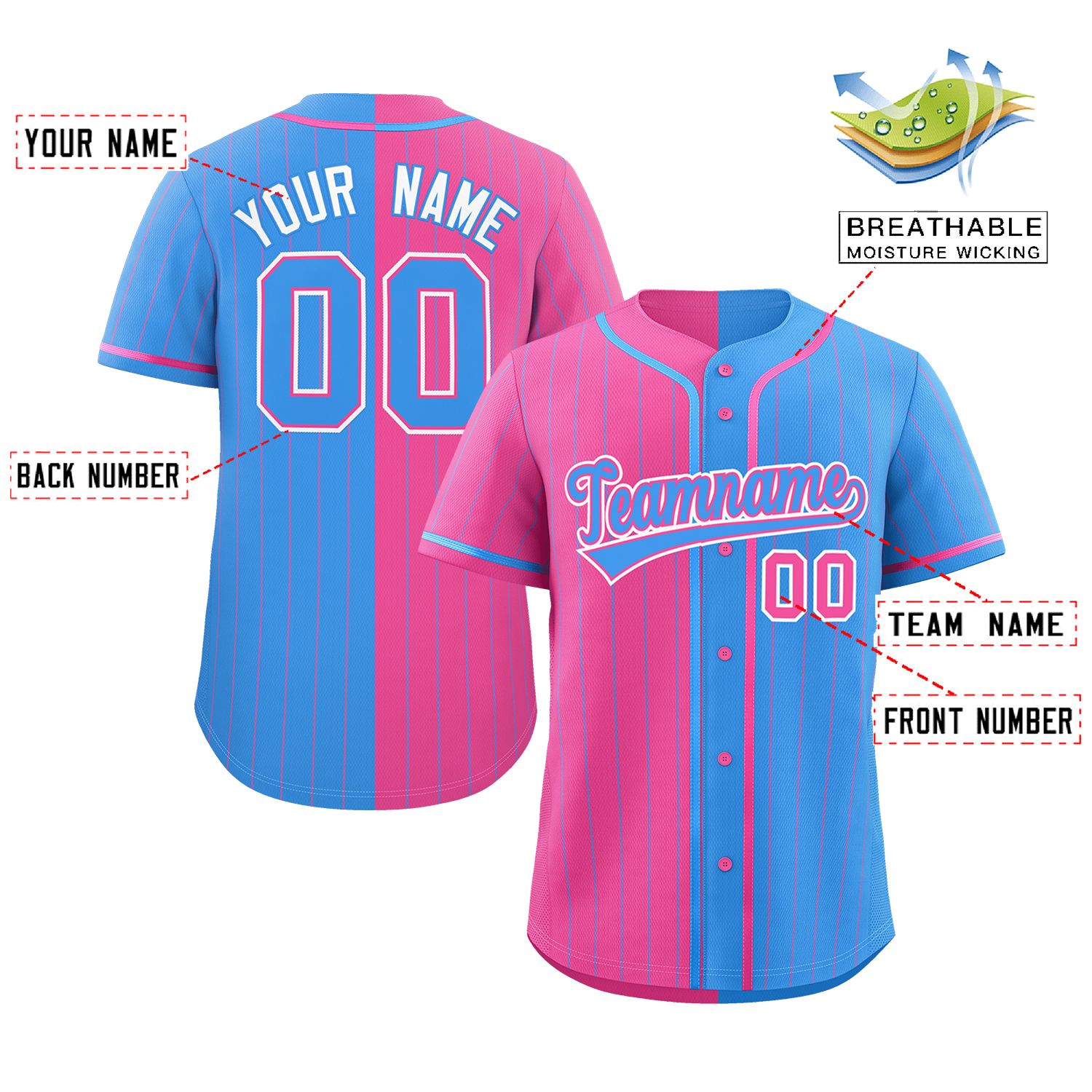 Custom Pink Powder Blue Two Tone Striped Fashion Authentic Baseball Jersey