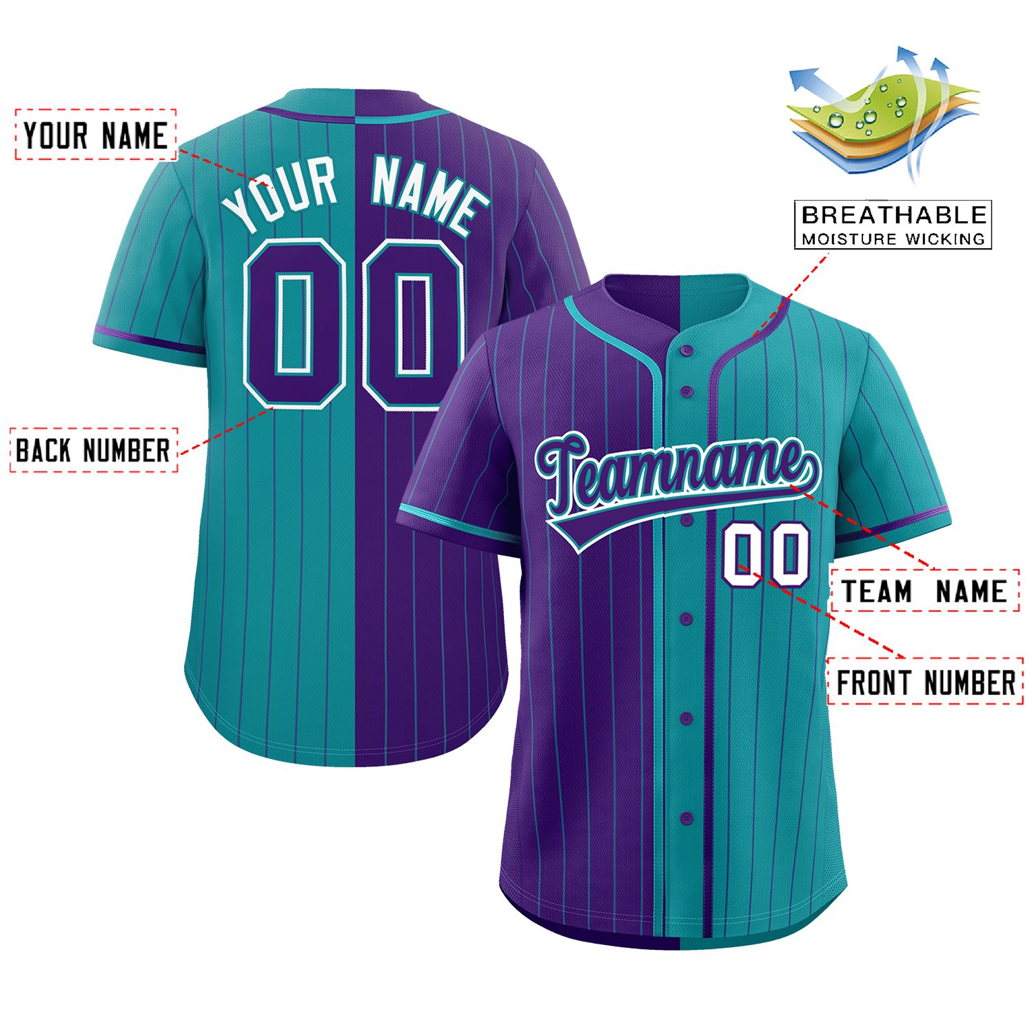 Custom Purple Teal Two Tone Striped Fashion Authentic Baseball Jersey