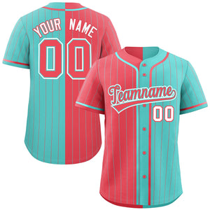 Custom Aqua Light Red Two Tone Striped Fashion Authentic Baseball Jersey