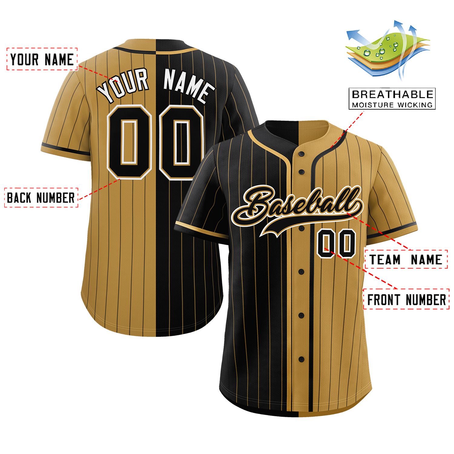 Custom Black Old Gold Two Tone Striped Fashion Authentic Baseball Jersey