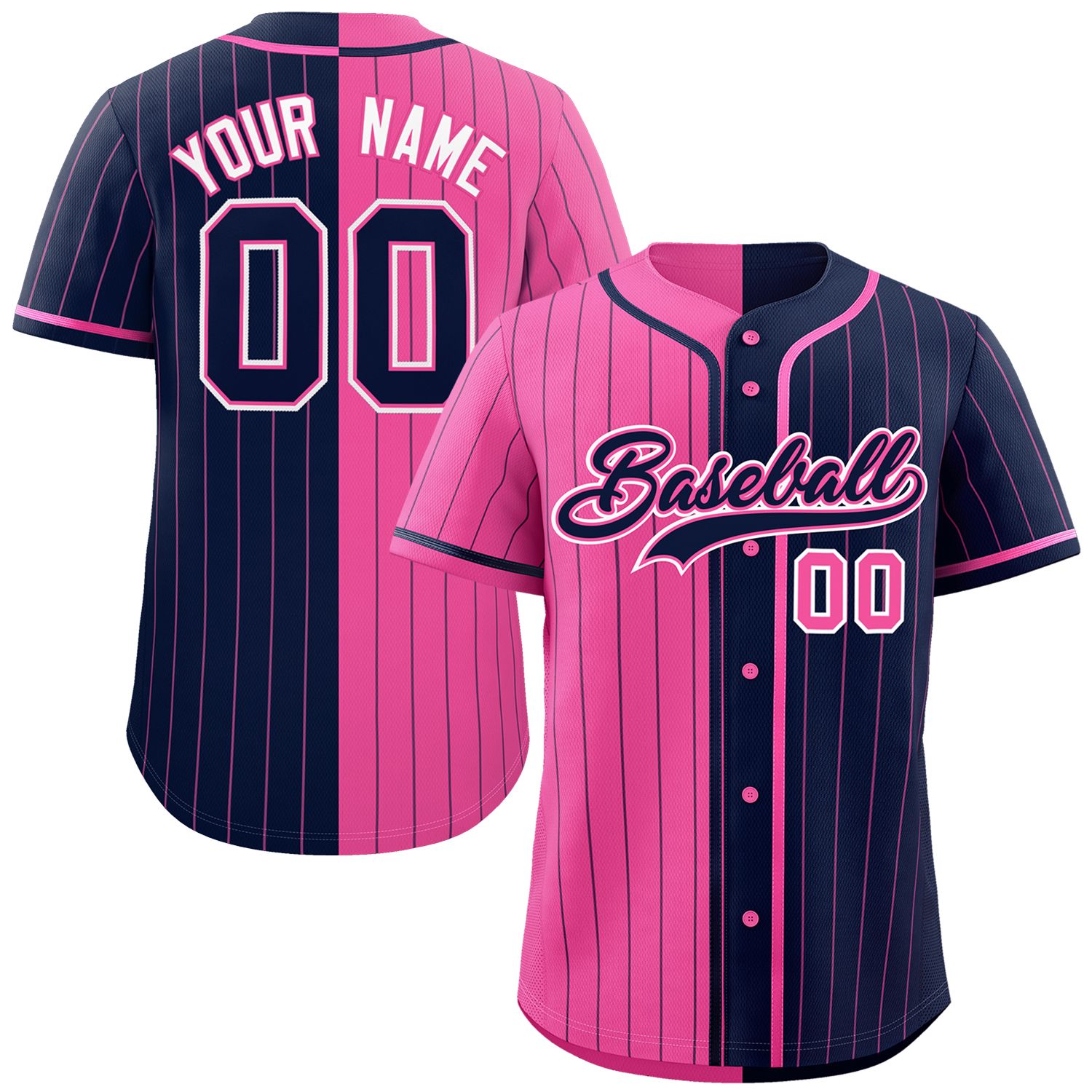 Custom Pink Navy Two Tone Striped Fashion Authentic Baseball Jersey