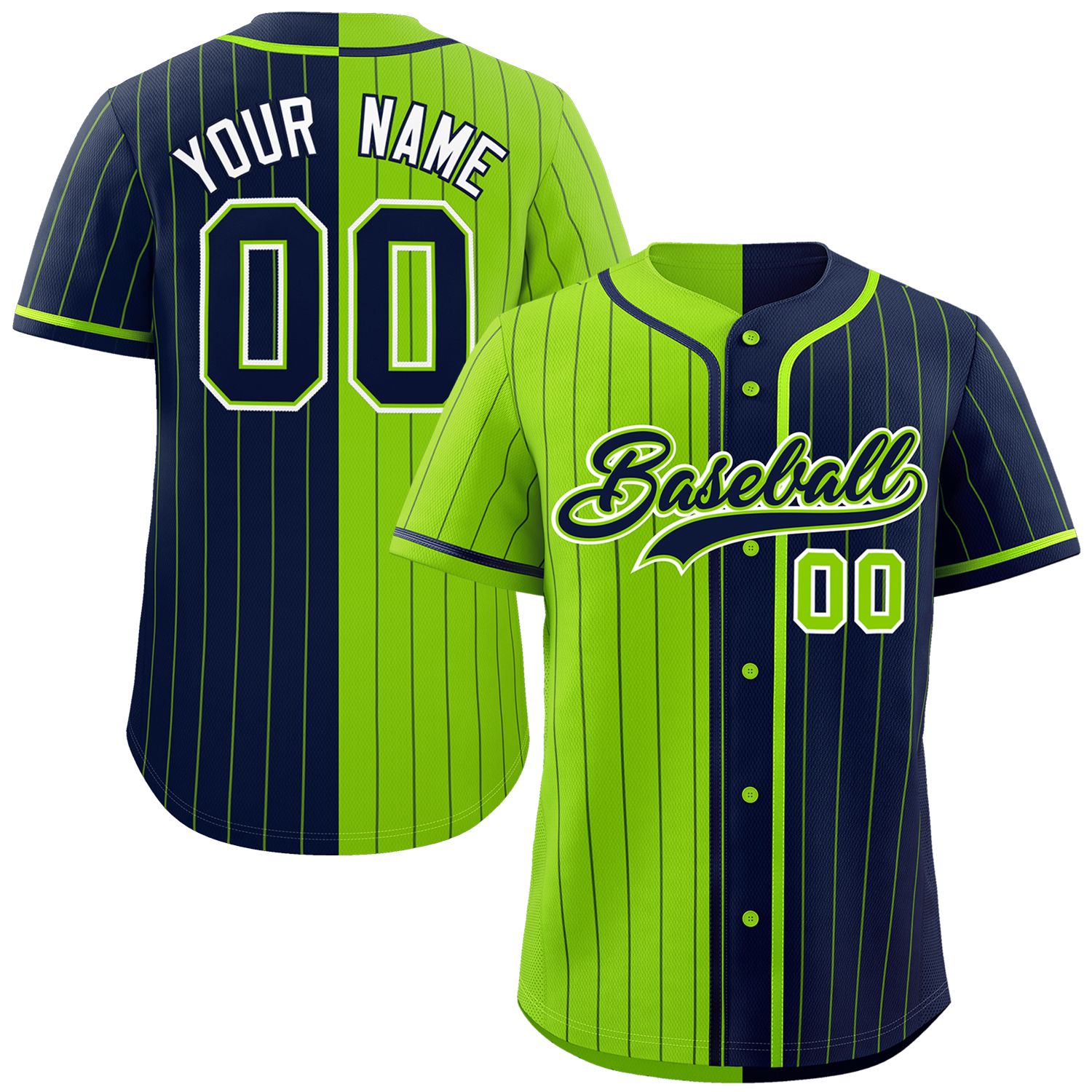 Custom Neon Green Navy Two Tone Striped Fashion Authentic Baseball Jersey