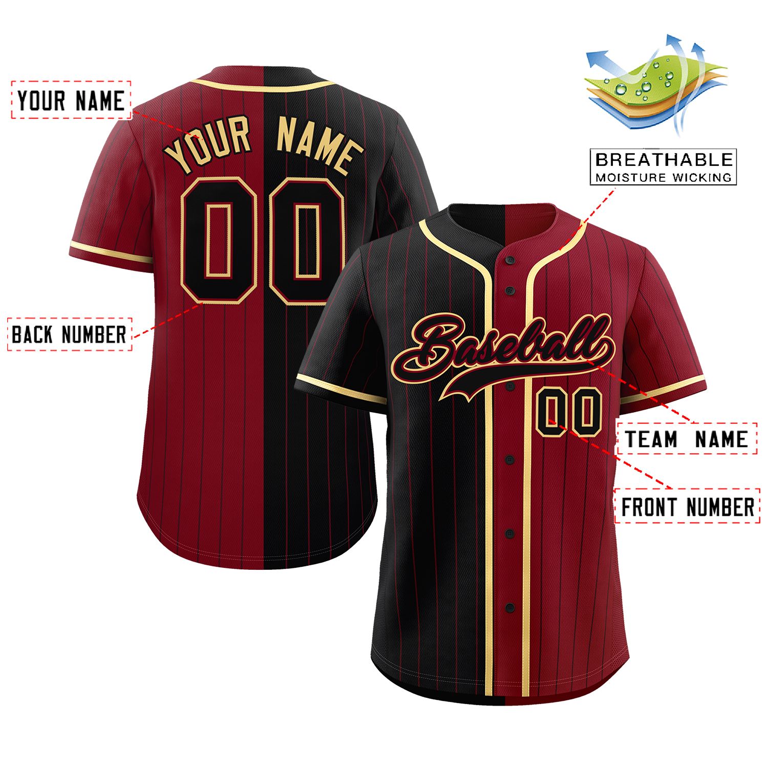 Custom Black Crimson Two Tone Striped Fashion Authentic Baseball Jersey