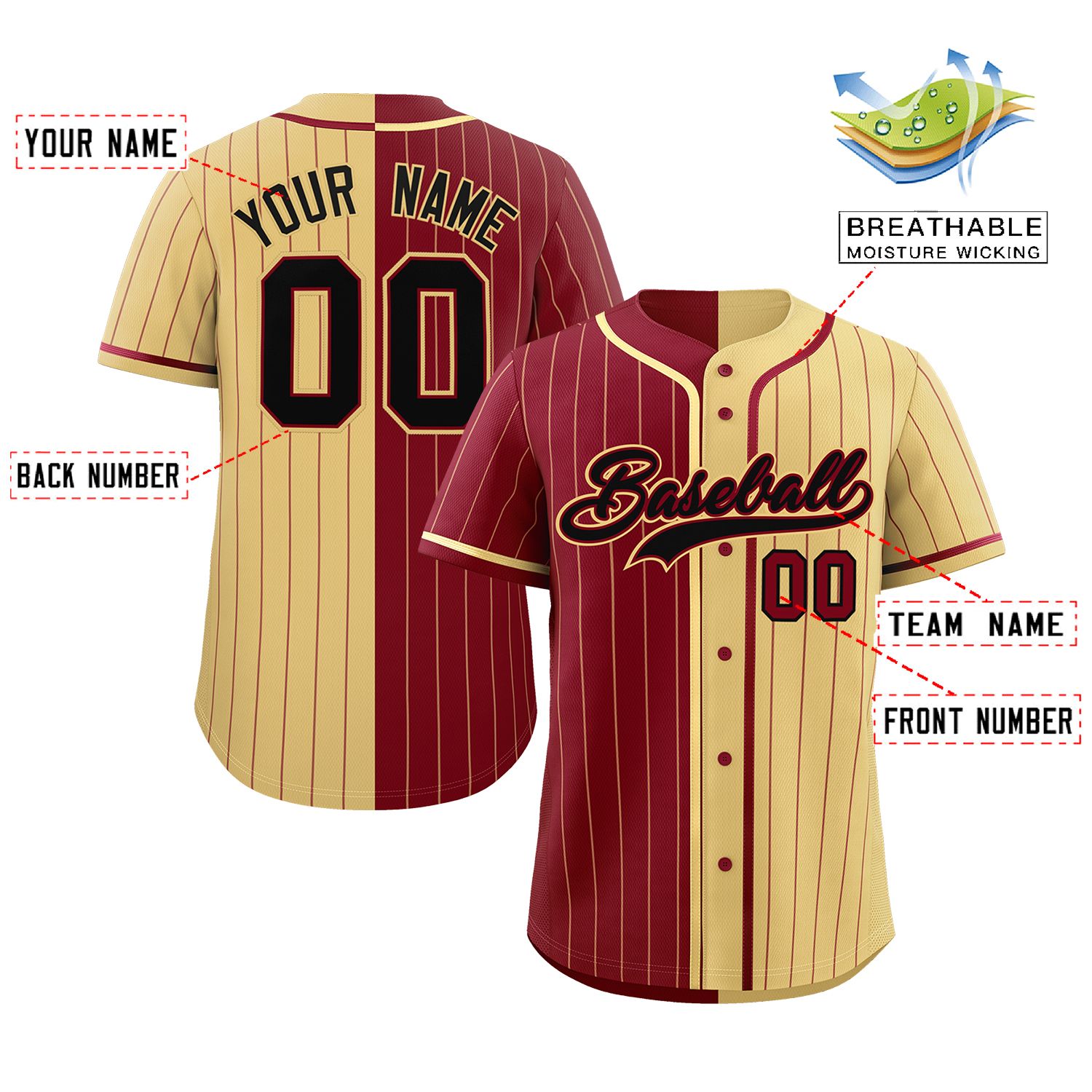 Custom Crimson Khaki Two Tone Striped Fashion Authentic Baseball Jersey