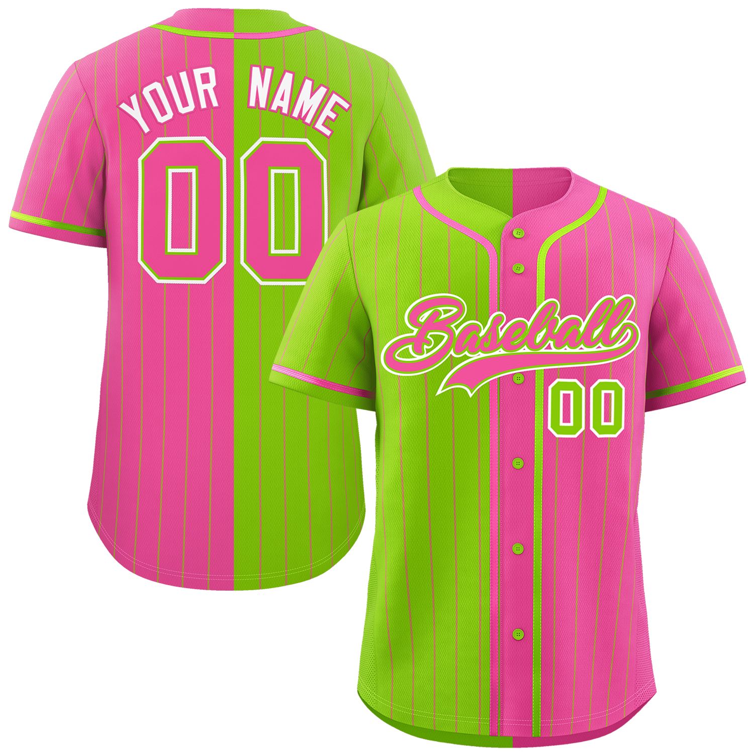 Custom Neon Green Pink Two Tone Striped Fashion Authentic Baseball Jersey