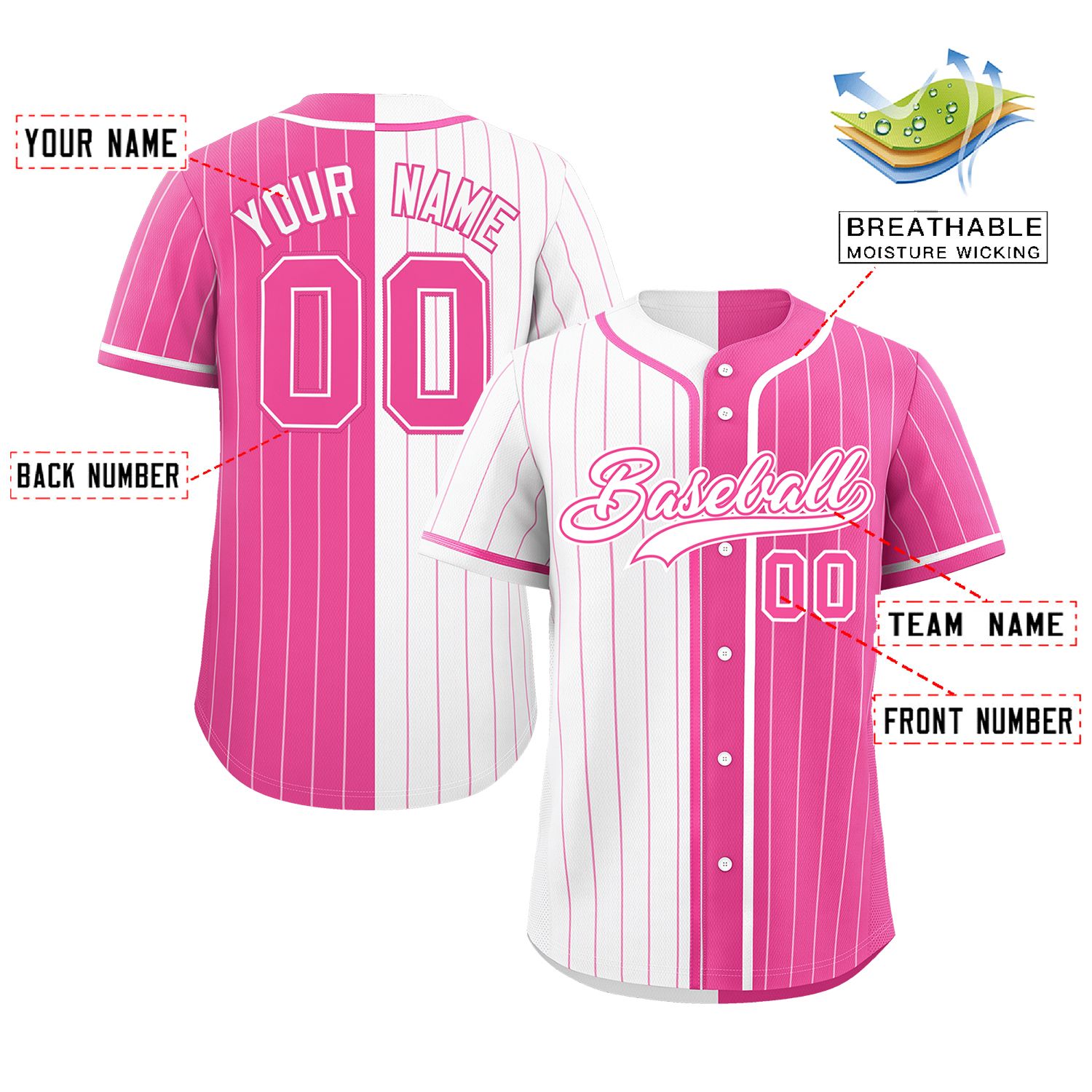 Custom White Pink Two Tone Striped Fashion Authentic Baseball Jersey