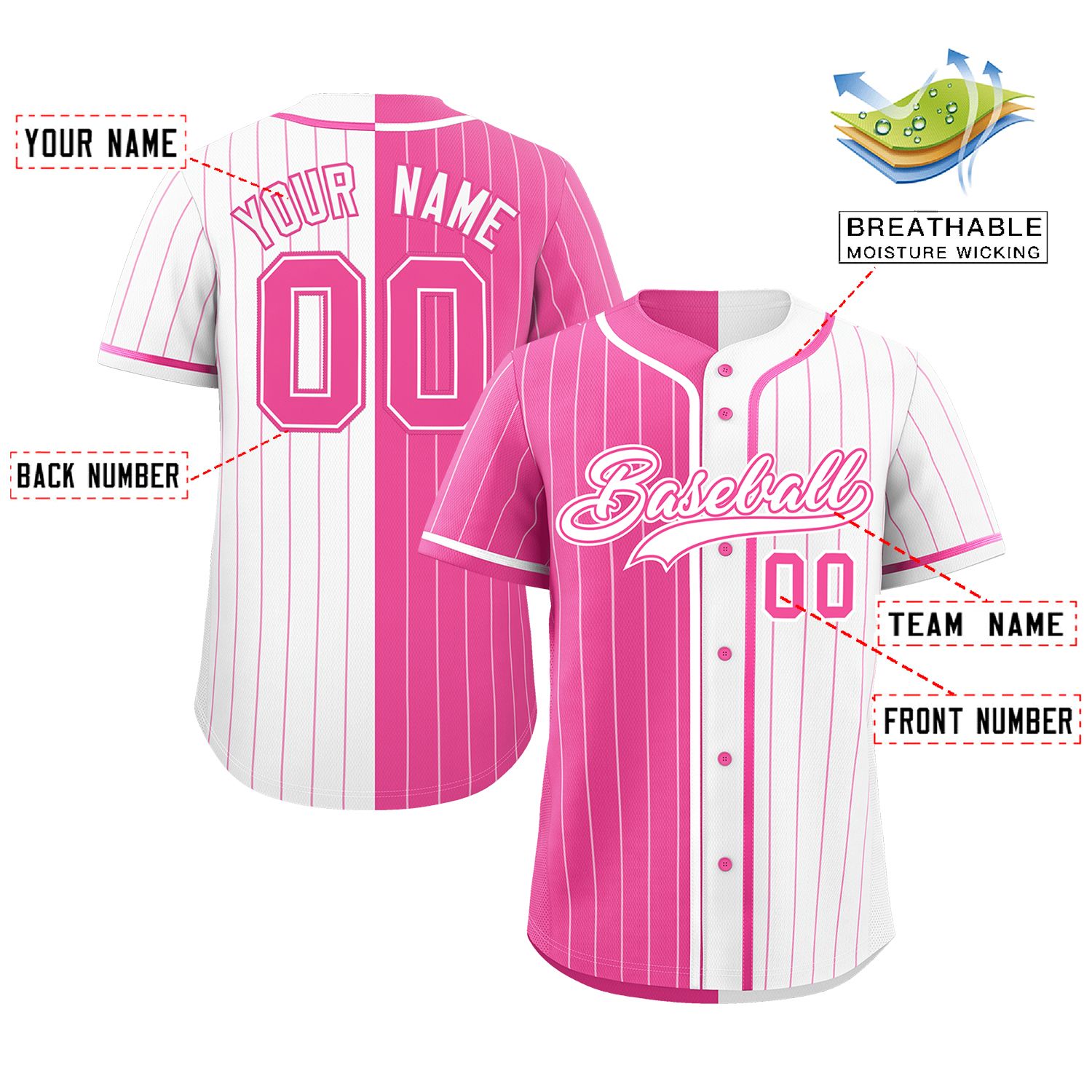 Custom Pink White Two Tone Striped Fashion Authentic Baseball Jersey