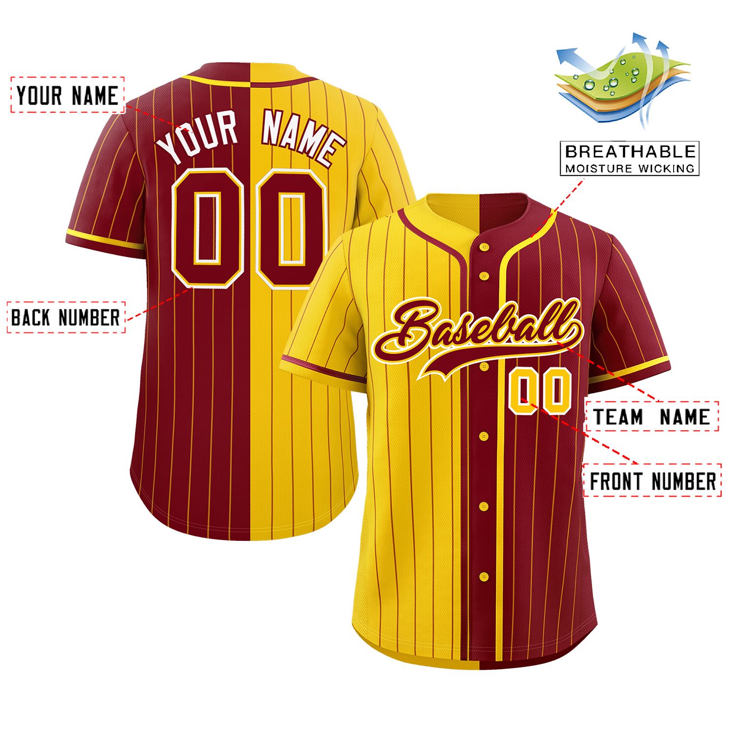 Custom Gold Crimson Two Tone Striped Fashion Authentic Baseball Jersey