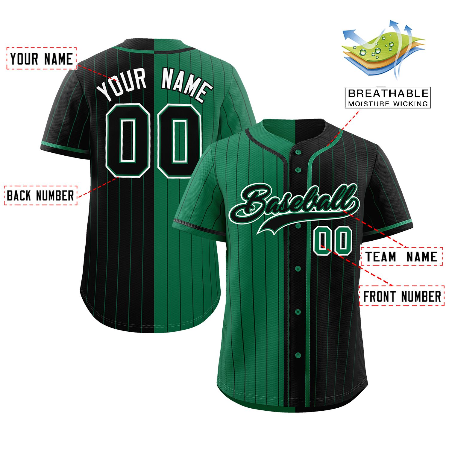 Custom Kelly Green Black Two Tone Striped Fashion Authentic Baseball Jersey