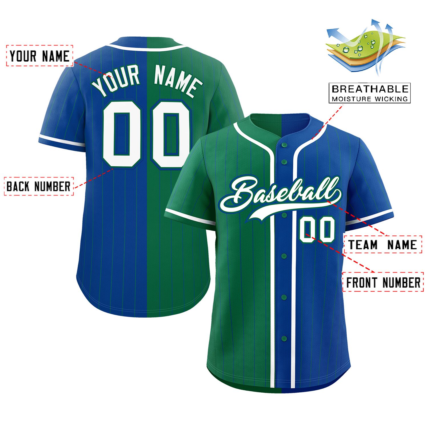 Custom Kelly Green Royal Two Tone Striped Fashion Authentic Baseball Jersey