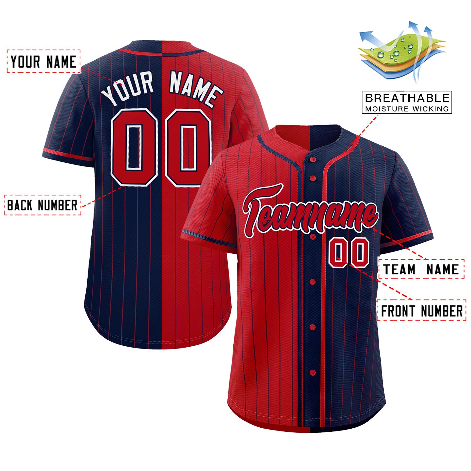 Custom Red Navy Two Tone Striped Fashion Authentic Baseball Jersey