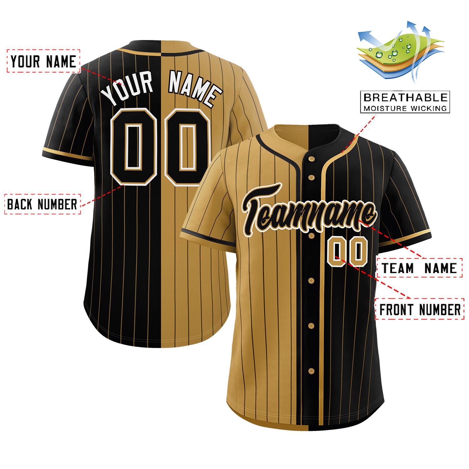 Custom Old Gold Black Two Tone Striped Fashion Authentic Baseball Jersey