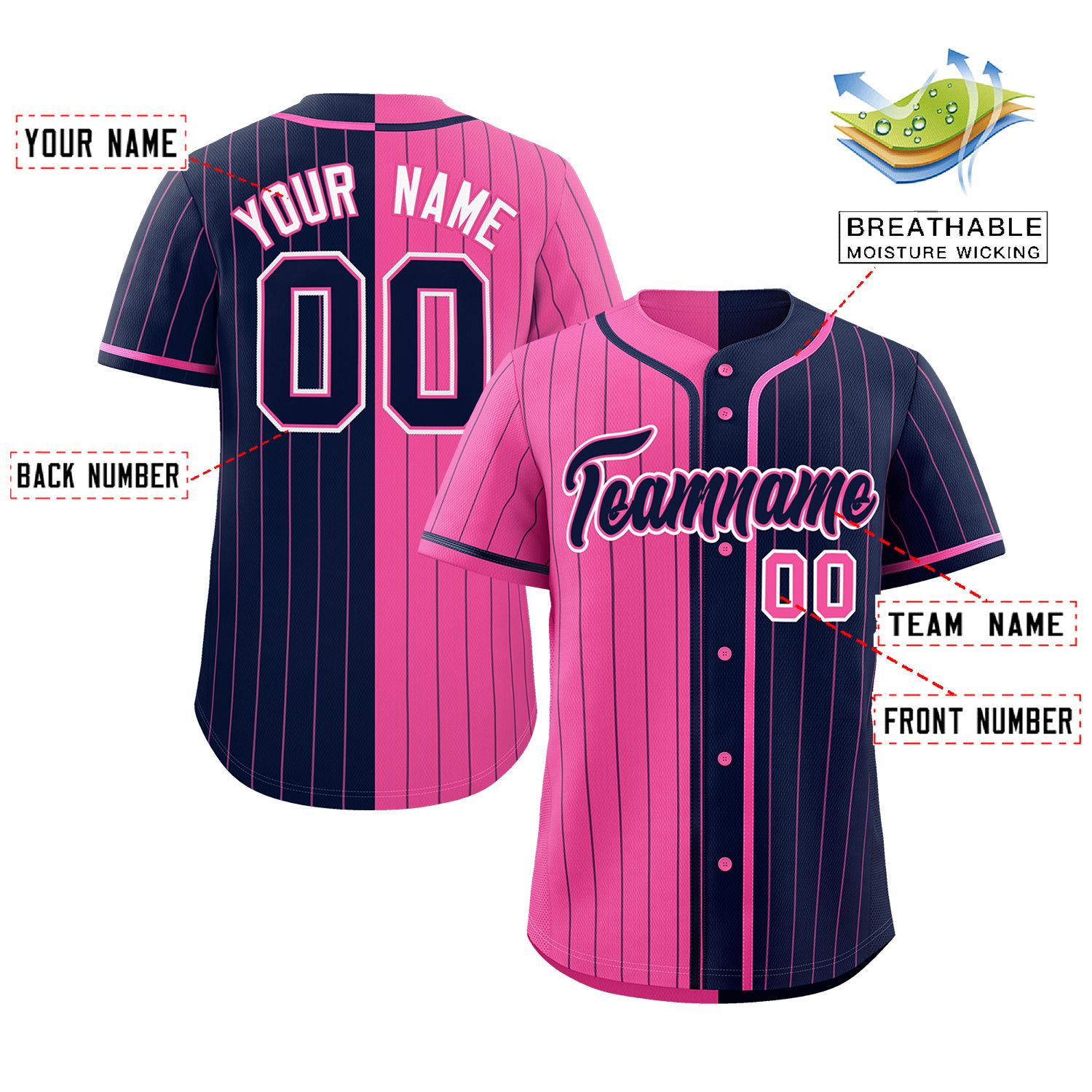 Custom Pink Navy Two Tone Striped Fashion Authentic Baseball Jersey