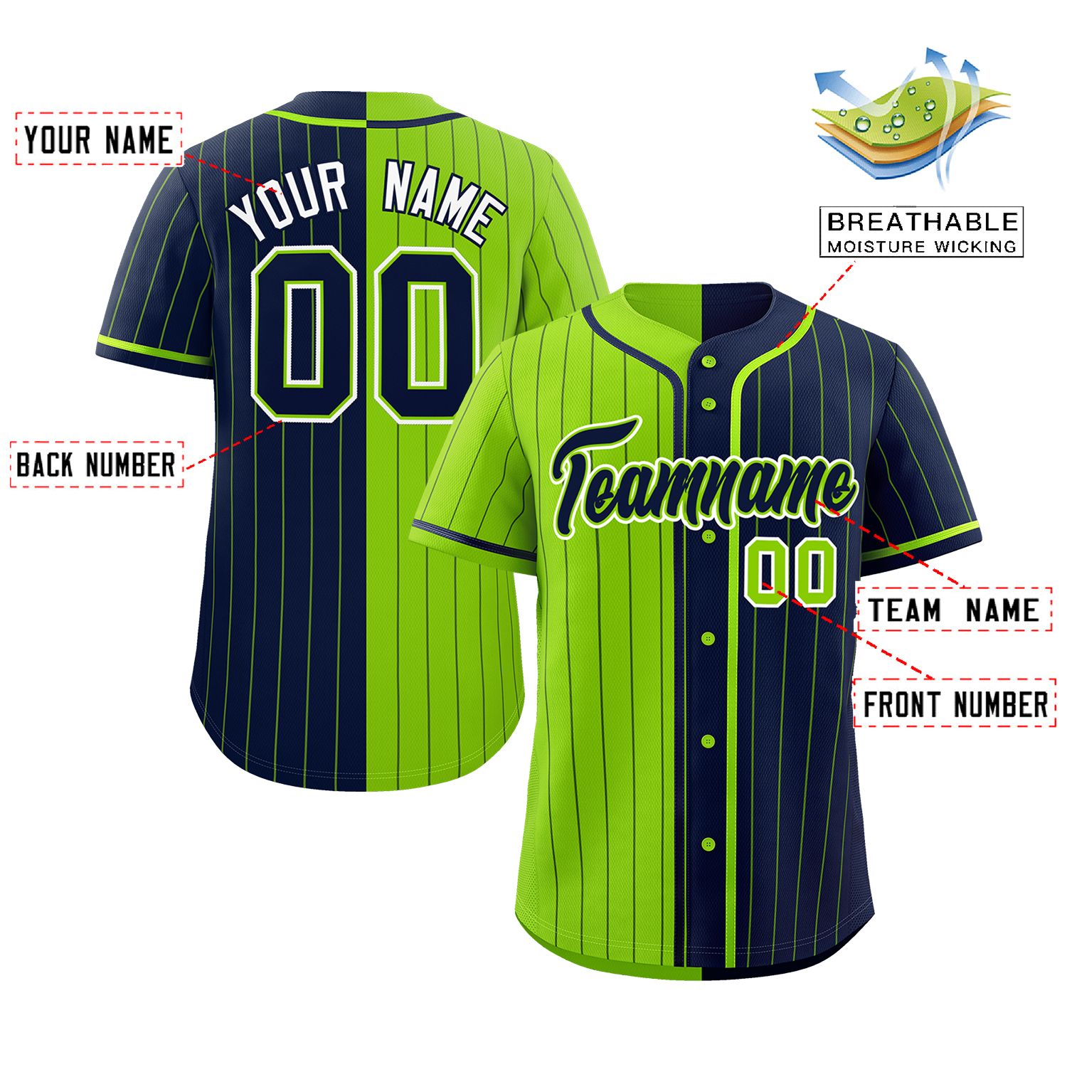 Custom Neon Green Navy Two Tone Striped Fashion Authentic Baseball Jersey