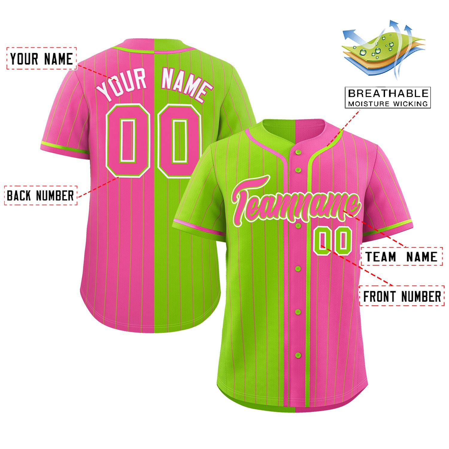 Custom Neon Green Pink Two Tone Striped Fashion Authentic Baseball Jersey