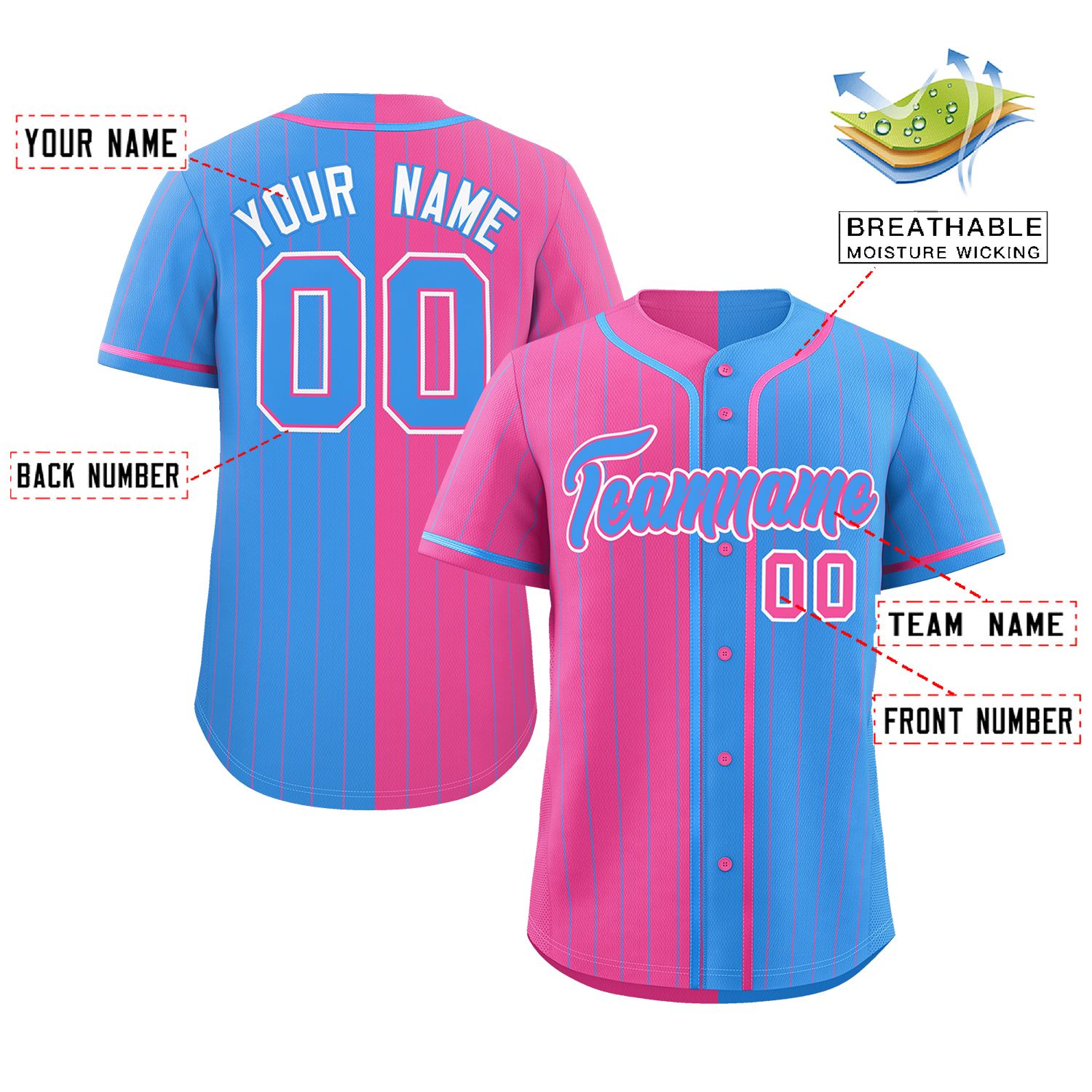 Custom Pink Powder Blue Two Tone Striped Fashion Authentic Baseball Jersey