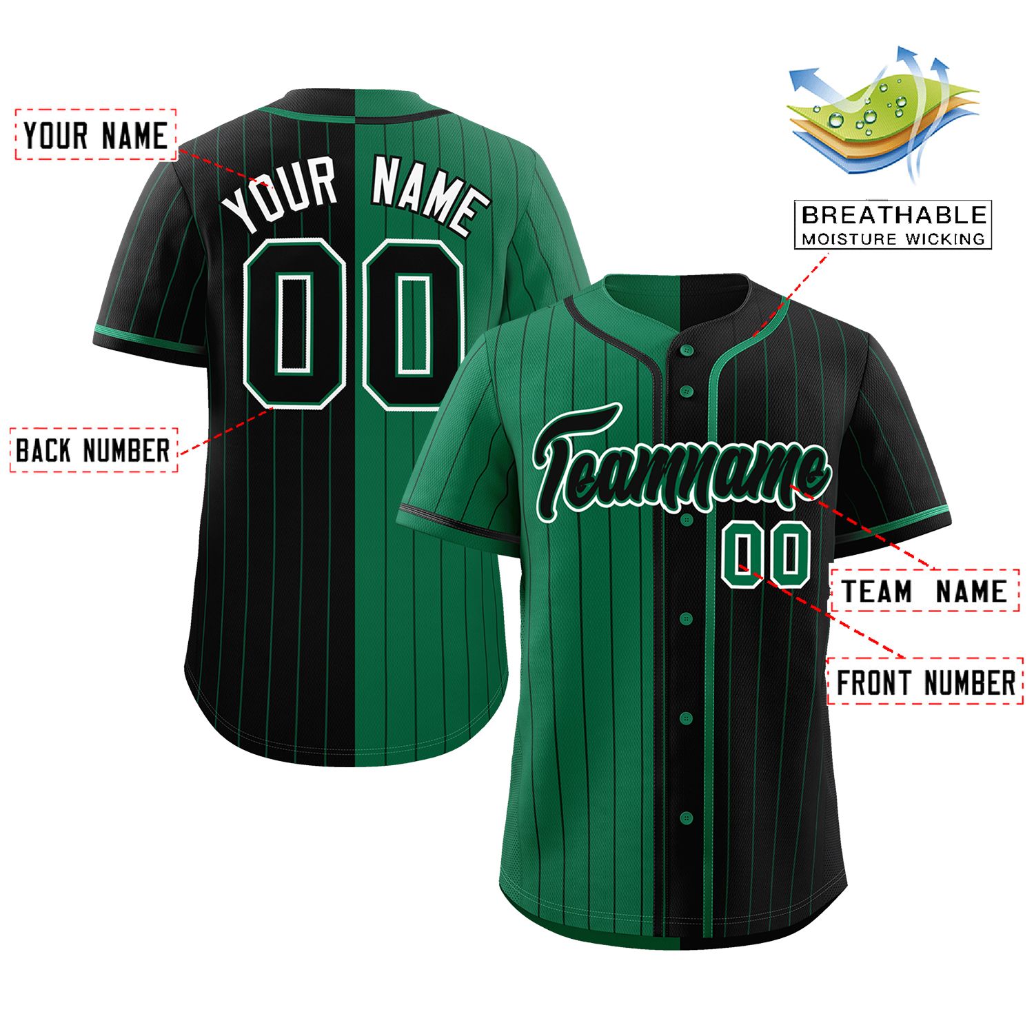 Custom Kelly Green Black Two Tone Striped Fashion Authentic Baseball Jersey