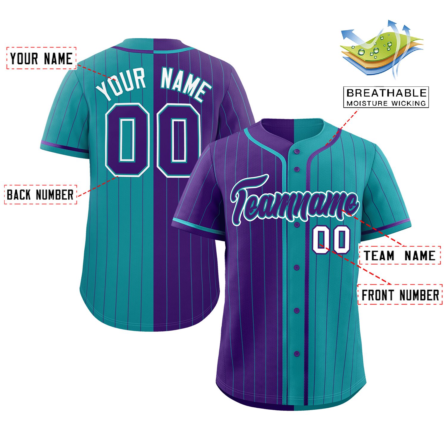 Custom Purple Teal Two Tone Striped Fashion Authentic Baseball Jersey