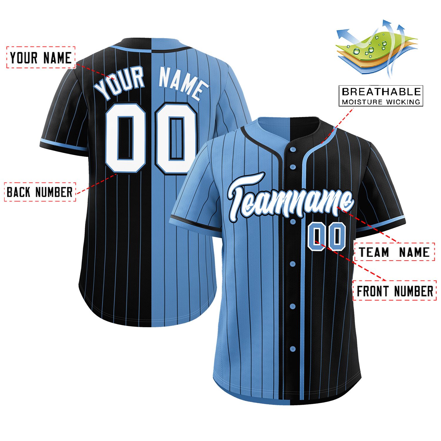 Custom Light Blue Black Two Tone Striped Fashion Authentic Baseball Jersey