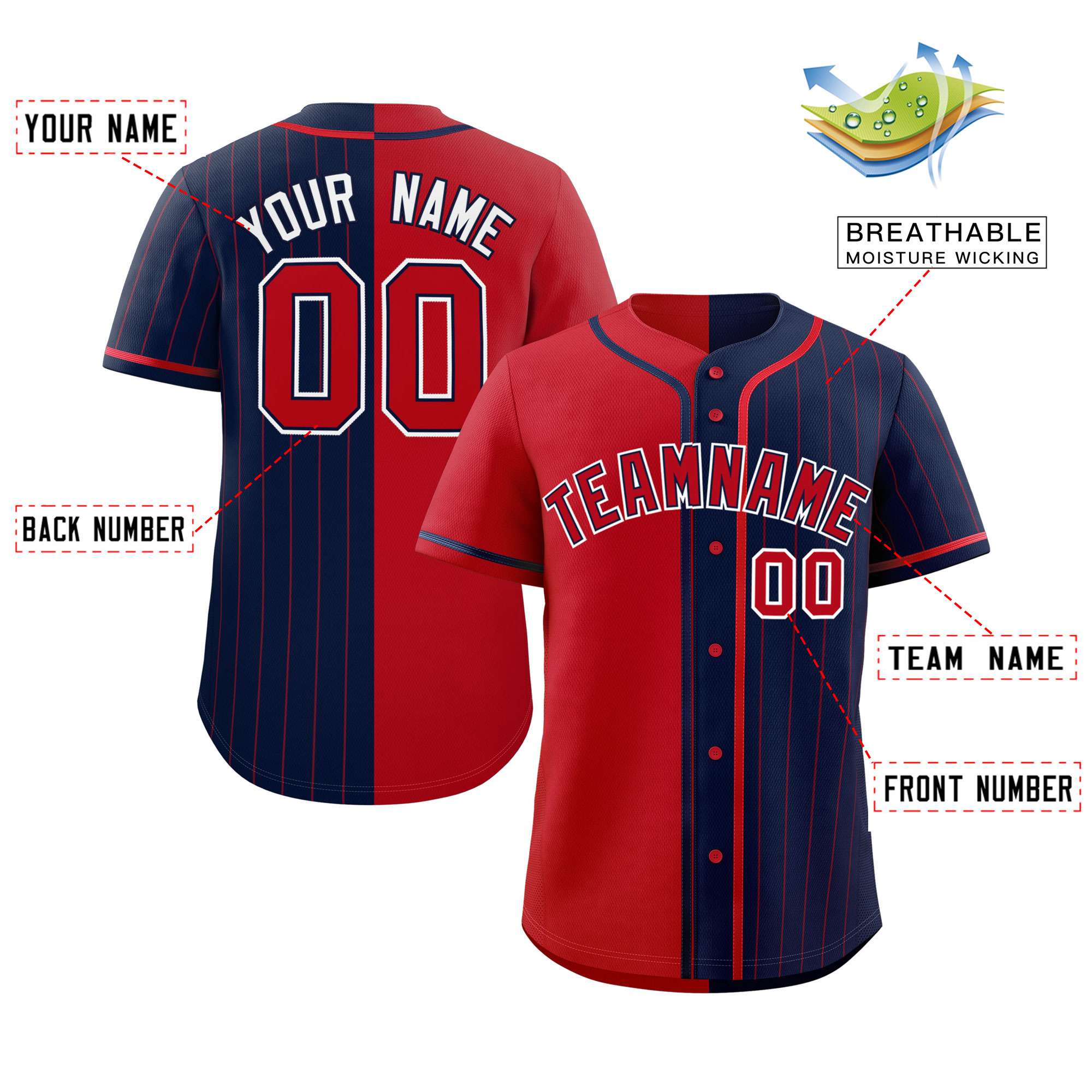 Custom Red Navy Stripe-Solid Combo Fashion Authentic Baseball Jersey