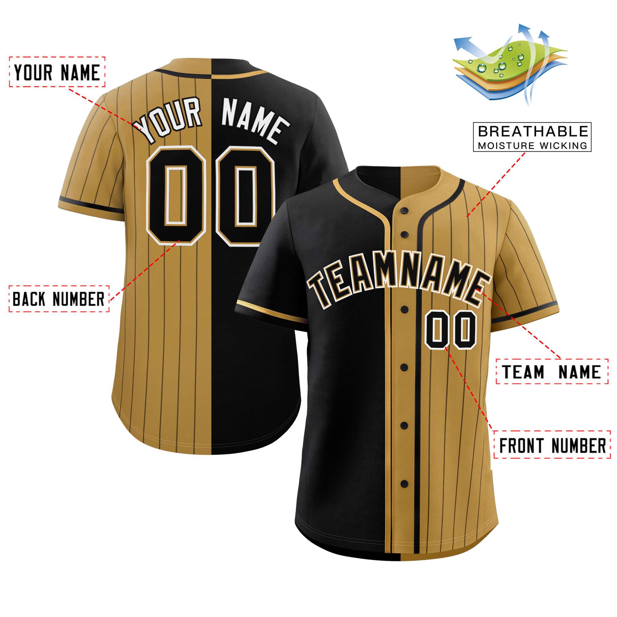 Custom Black Old Gold Stripe-Solid Combo Fashion Authentic Baseball Jersey