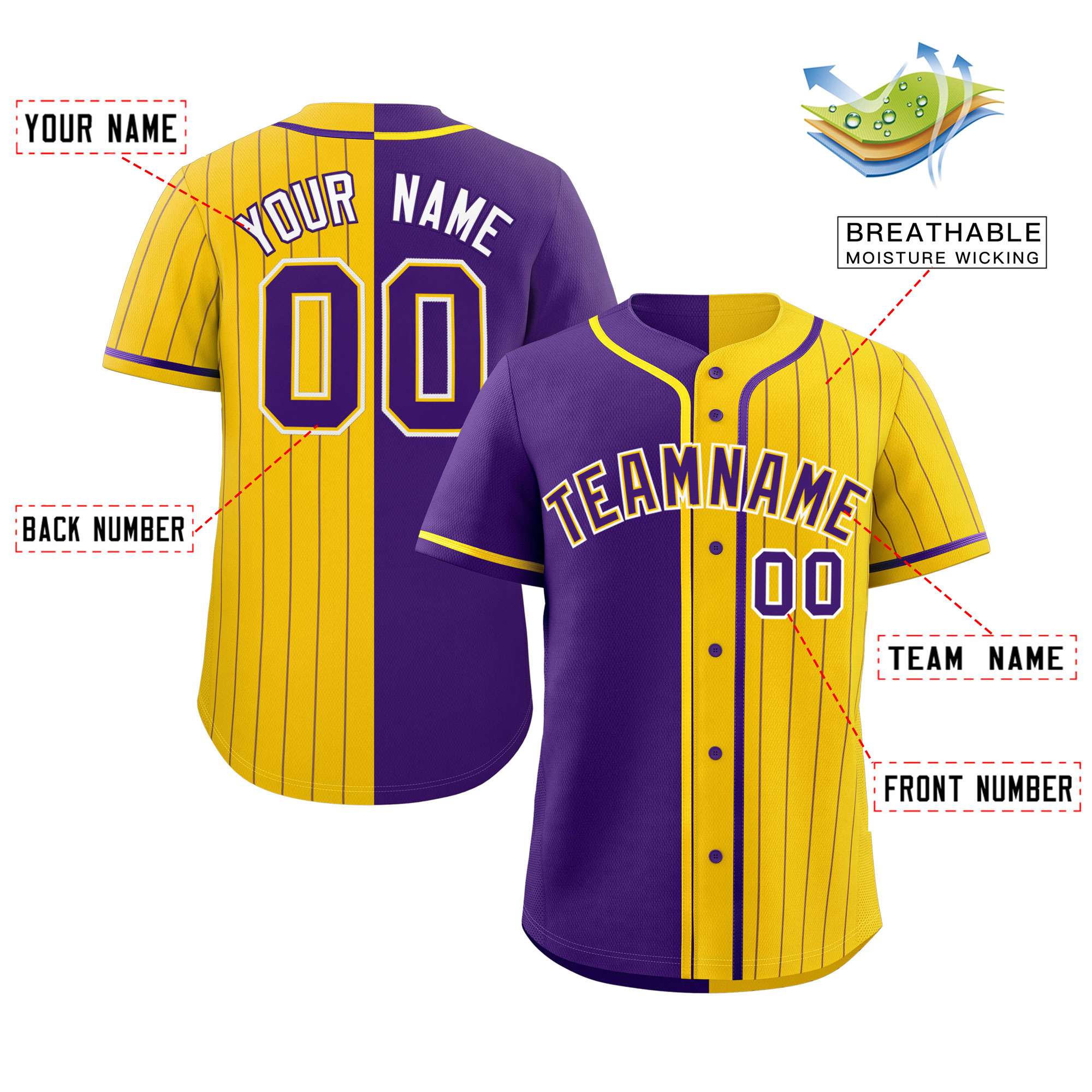 Custom Purple Gold Stripe-Solid Combo Fashion Authentic Baseball Jersey