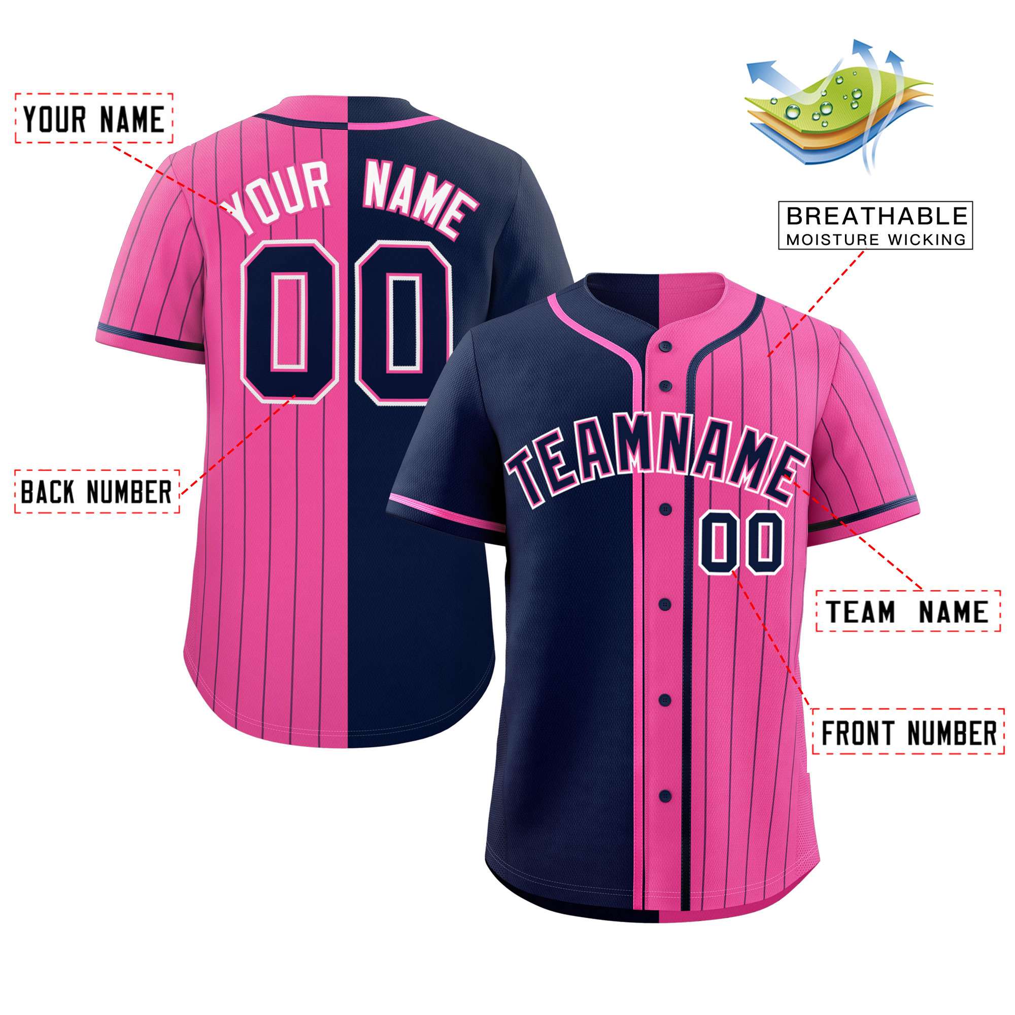 Custom Navy Pink Stripe-Solid Combo Fashion Authentic Baseball Jersey