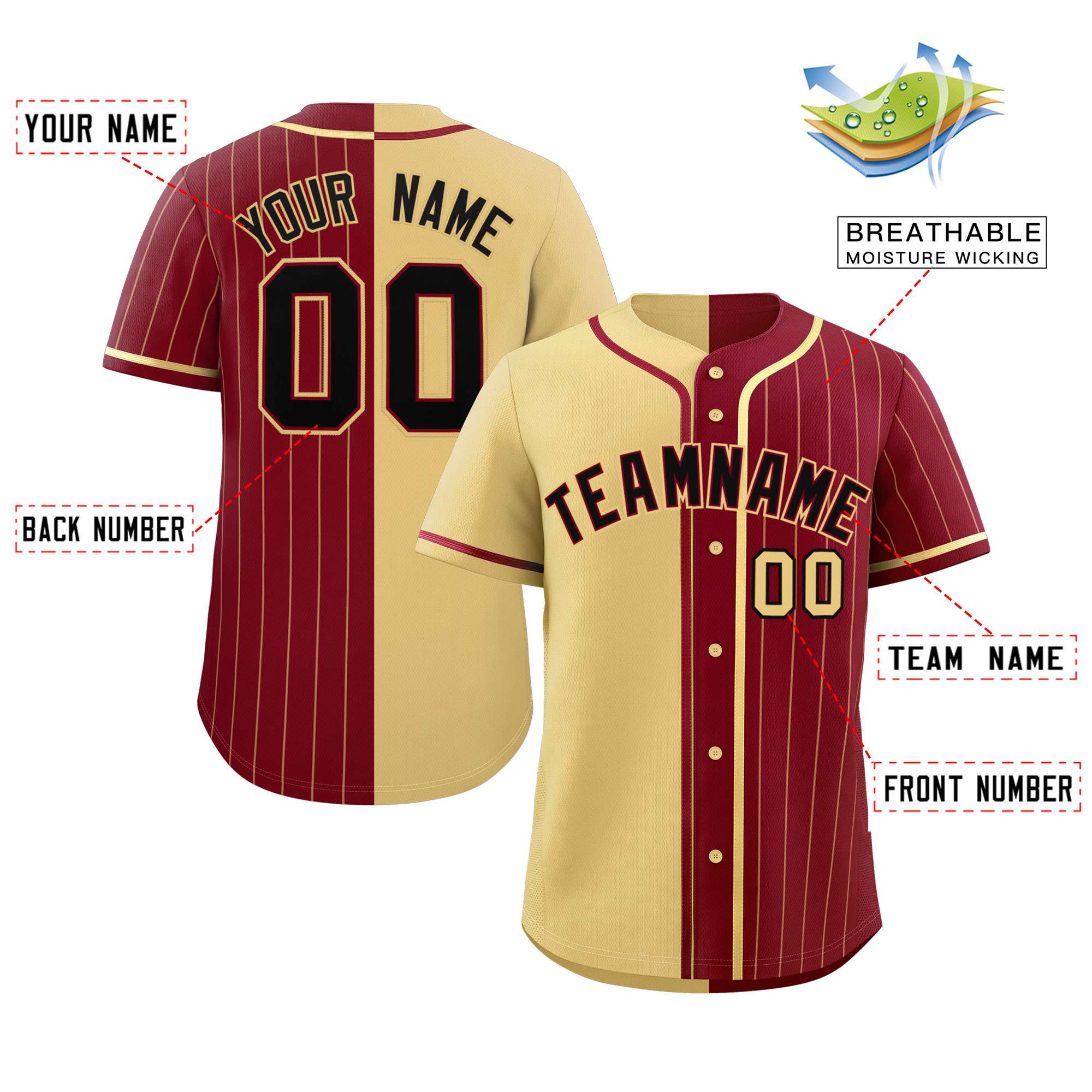 Custom Khaki Crimson Stripe-Solid Combo Fashion Authentic Baseball Jersey