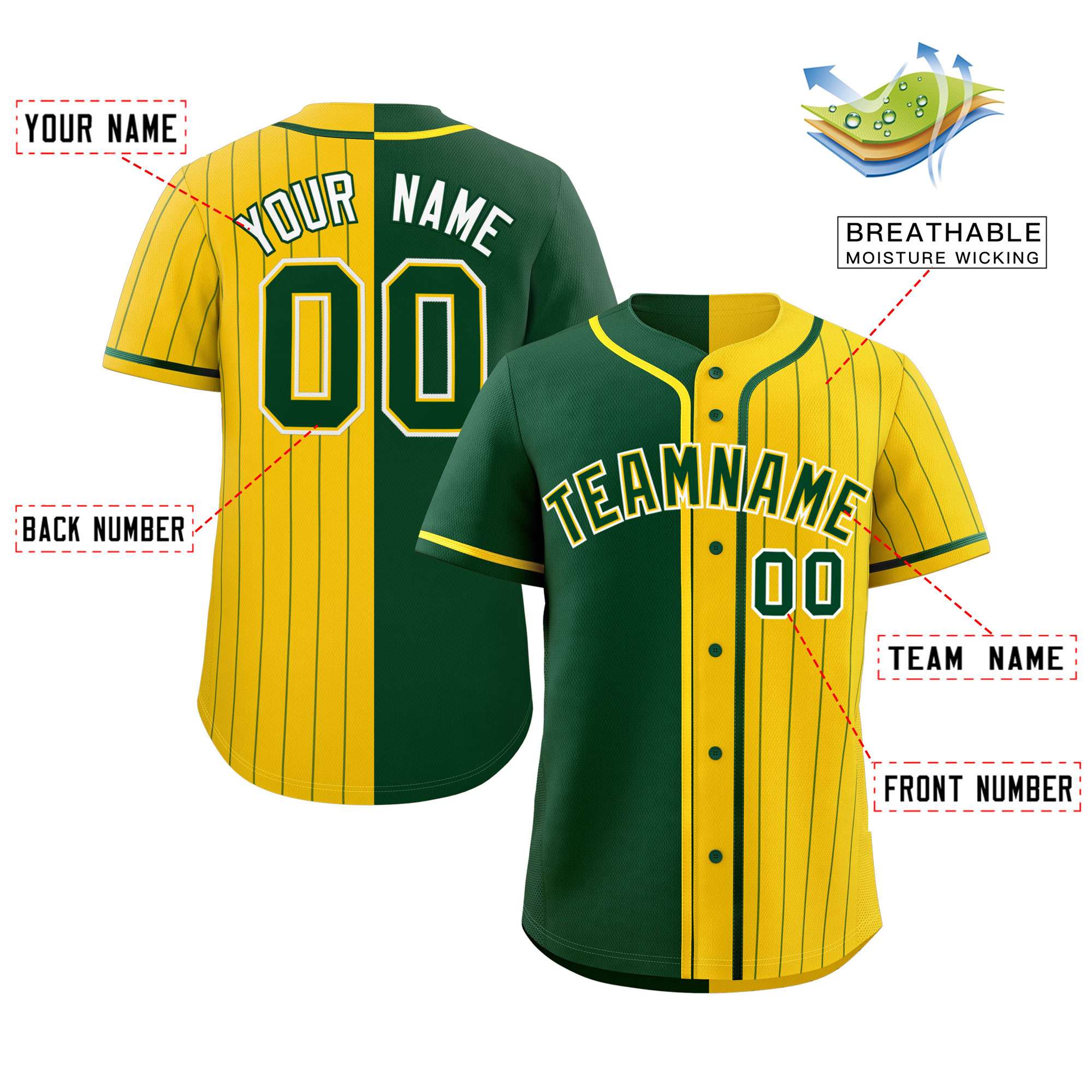 Custom Green Gold Stripe-Solid Combo Fashion Authentic Baseball Jersey