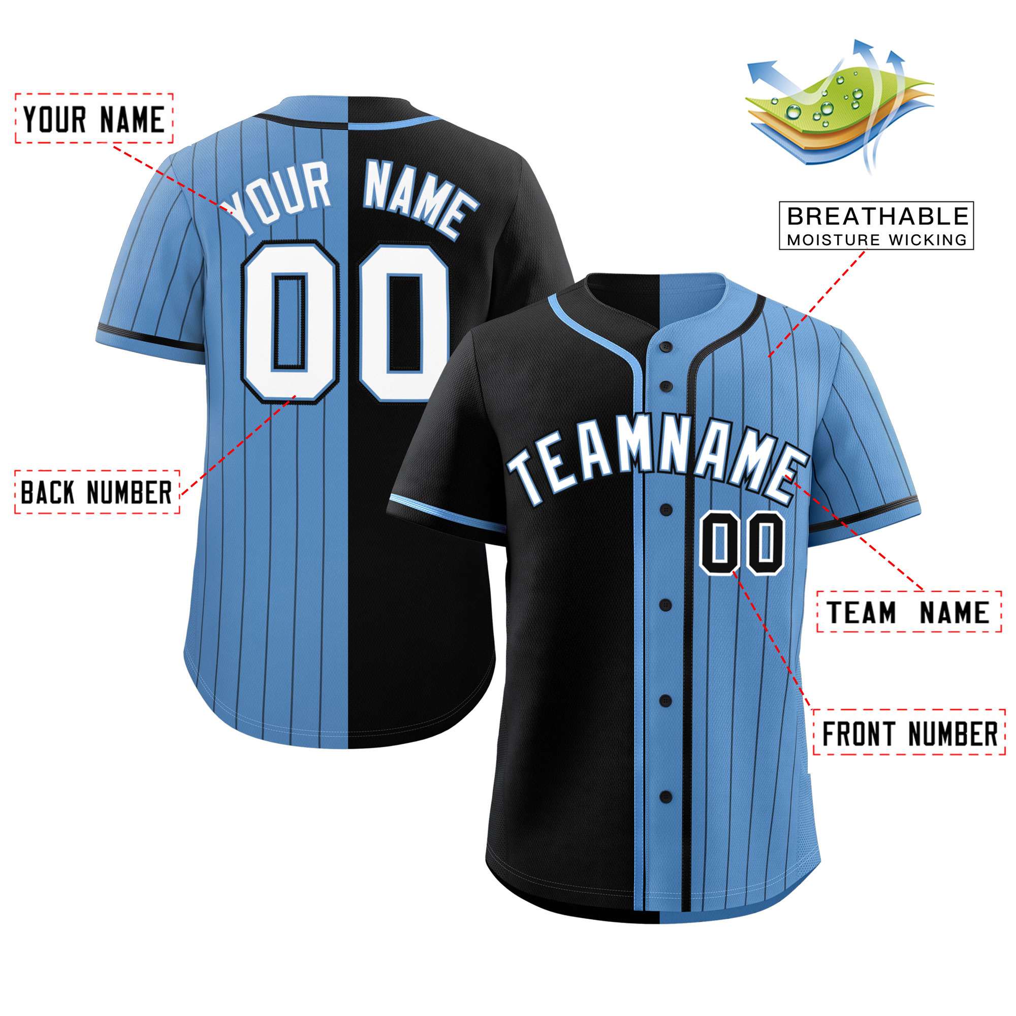 Custom Black Light Blue Stripe-Solid Combo Fashion Authentic Baseball Jersey