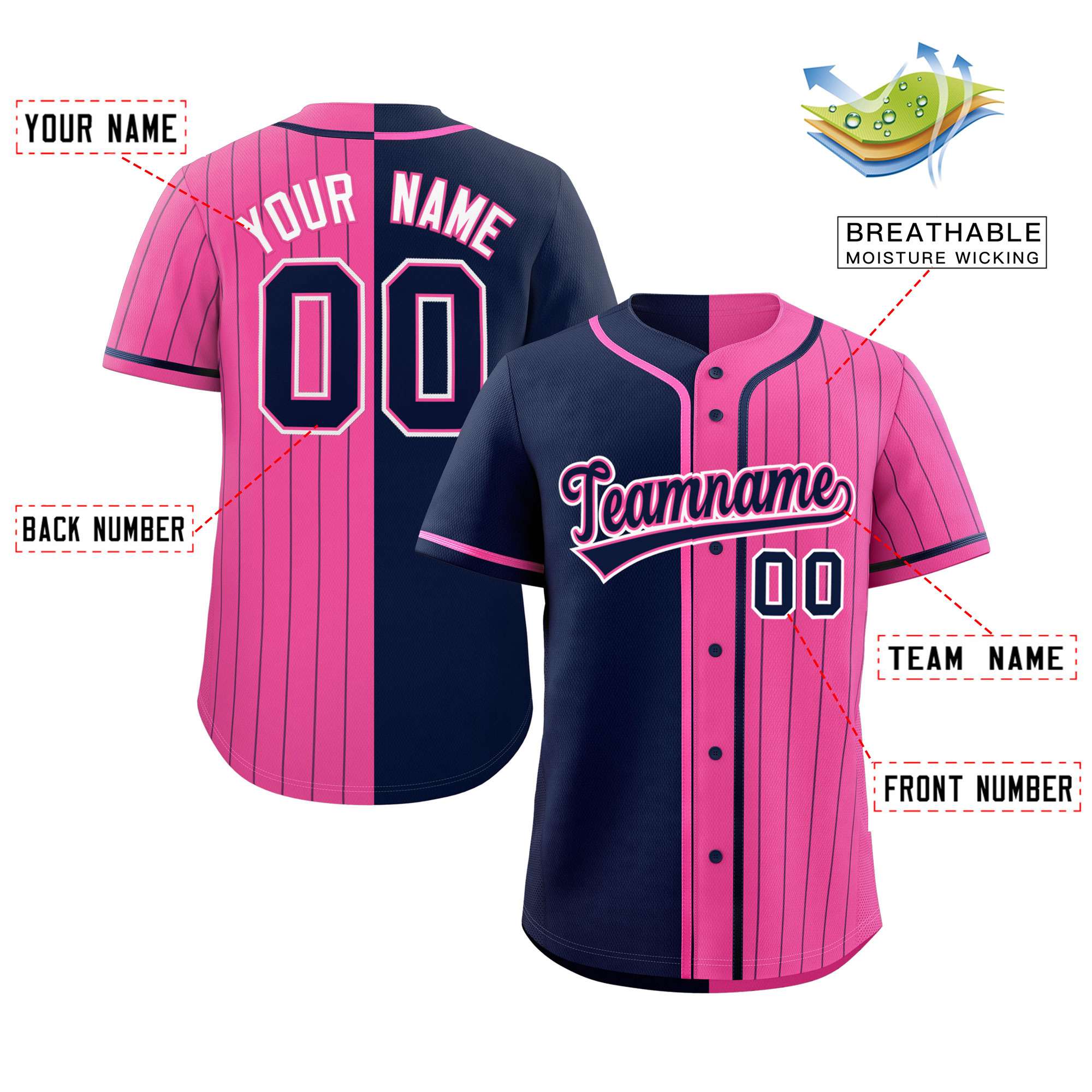 Custom Navy Pink Stripe-Solid Combo Fashion Authentic Baseball Jersey